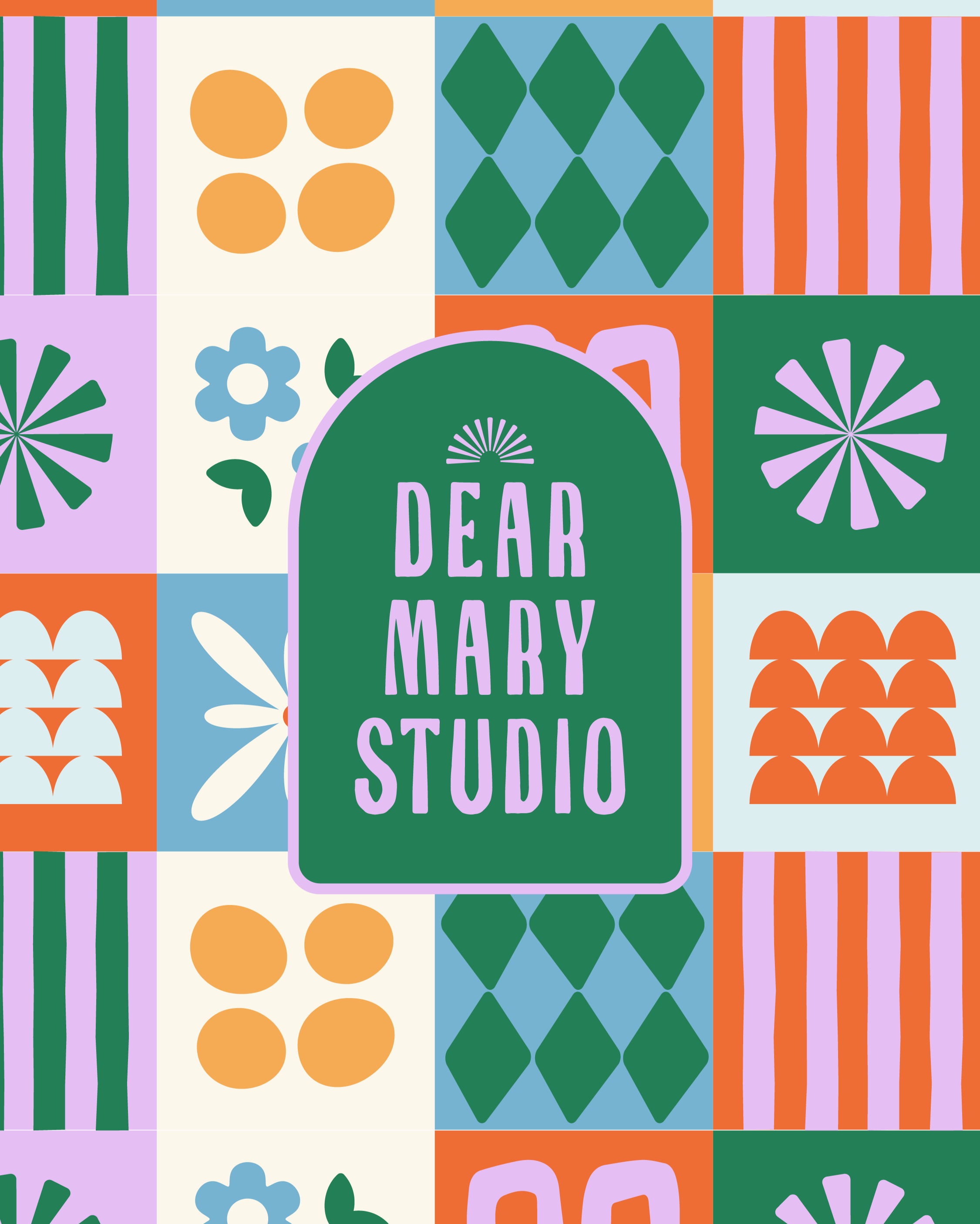 Colorful graphic design with tiles of floral and geometric patterns surrounding a central green arch with purple text that reads 'Dear Mary Studio'.