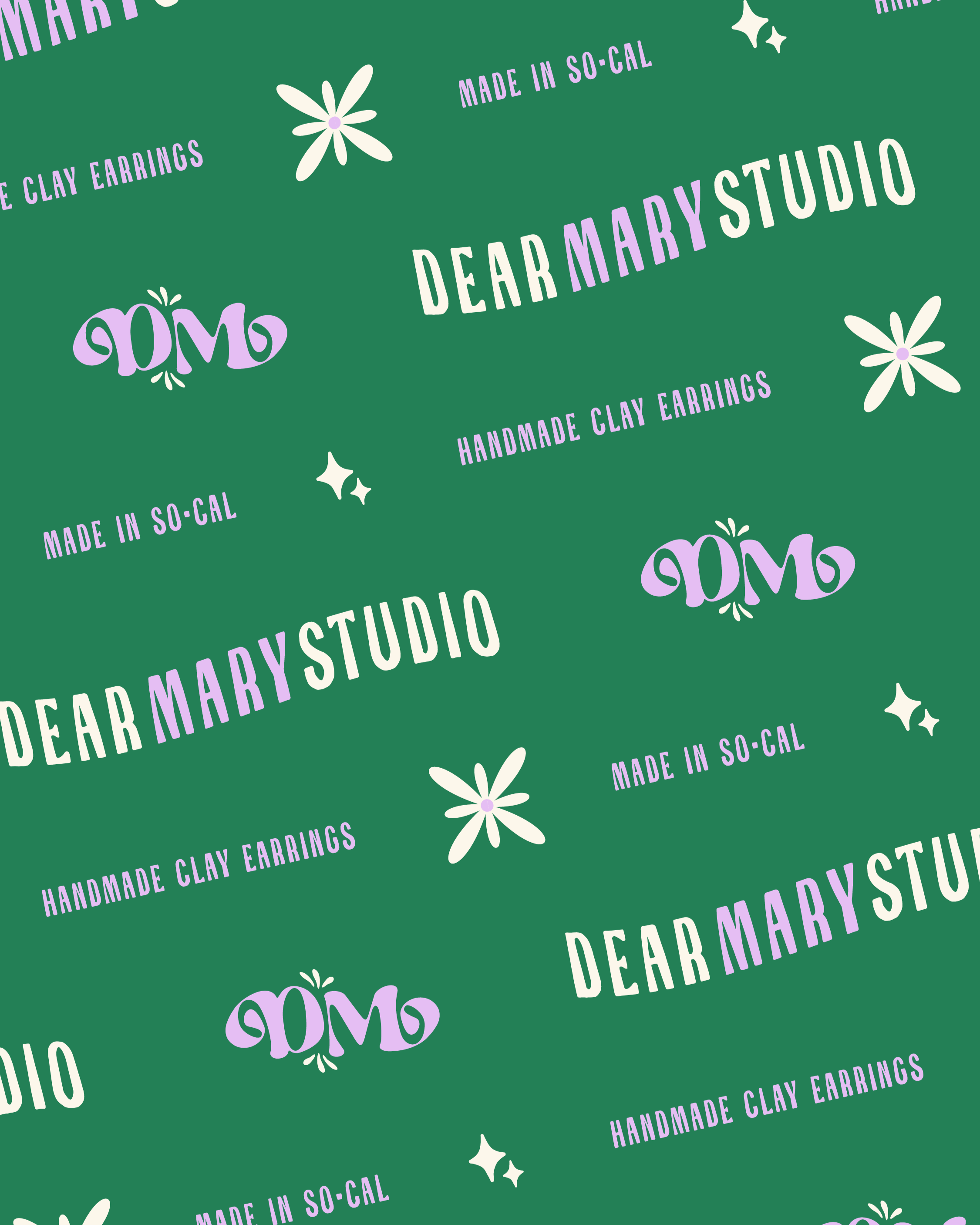 Pattern with the text 'Dear Mary Studio', 'Made in So-Cal', and 'Handmade Clay Earrings' in purple and white, featuring white flowers and small star-like symbols on a green background.