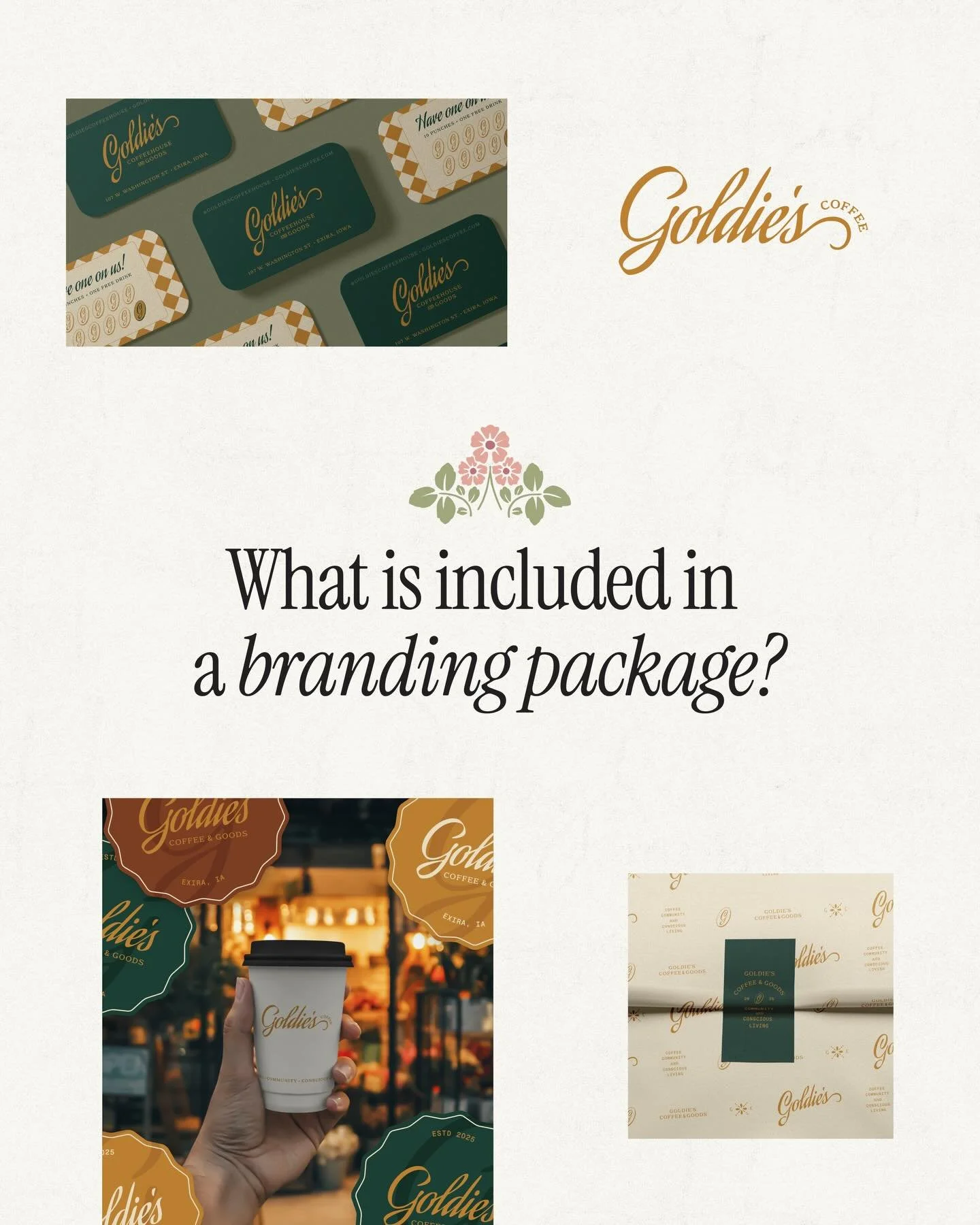 What do you even get with a branding package? Swipe to see what was included for @goldiescoffeeandgoods 👇🏼

Sure, it&rsquo;s easy for me to make a list of deliverables like primary logo, brand marks, patterns, etc. But it makes more sense if I show