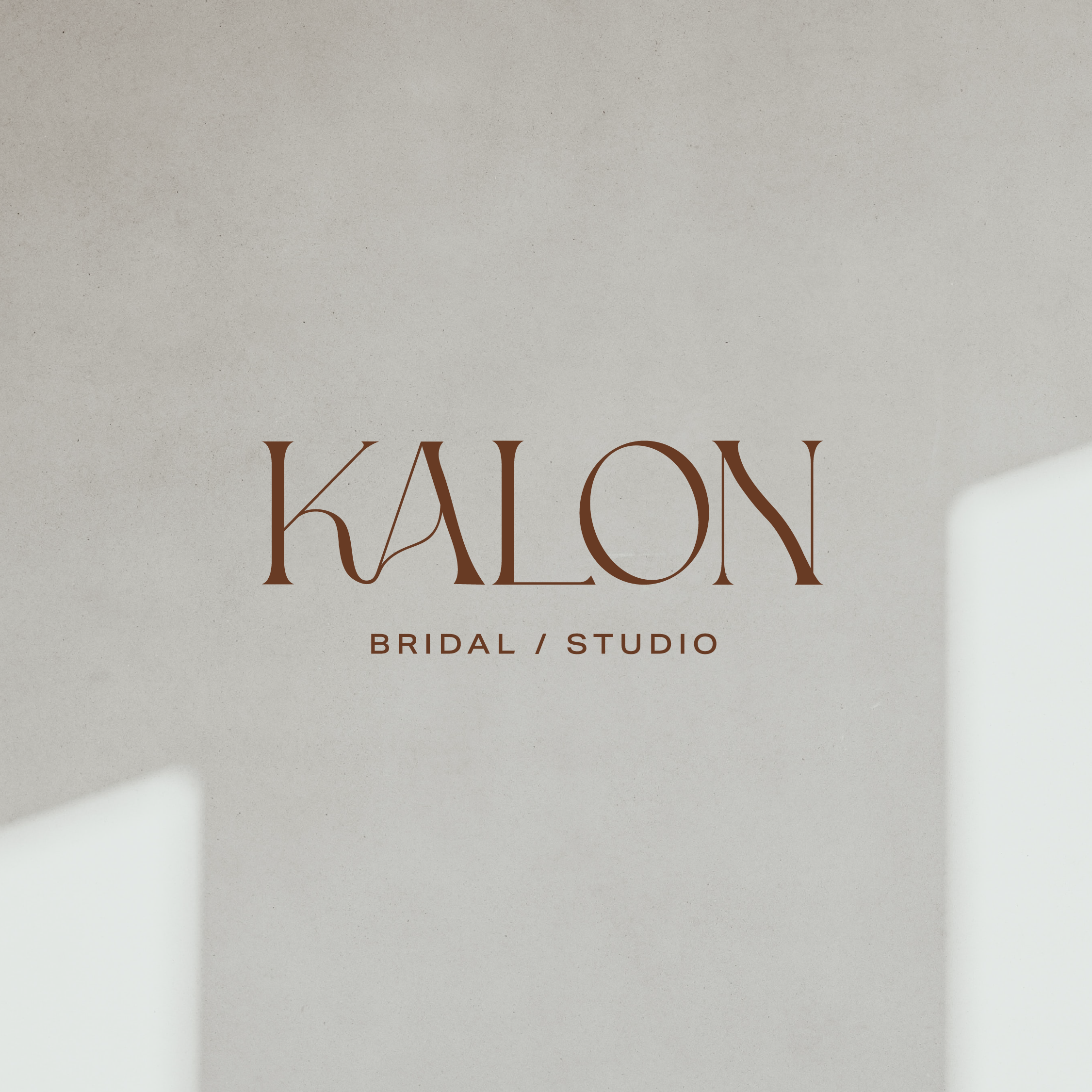 Logo for KALON Bridal Studio with minimalist beige background and modern brown text