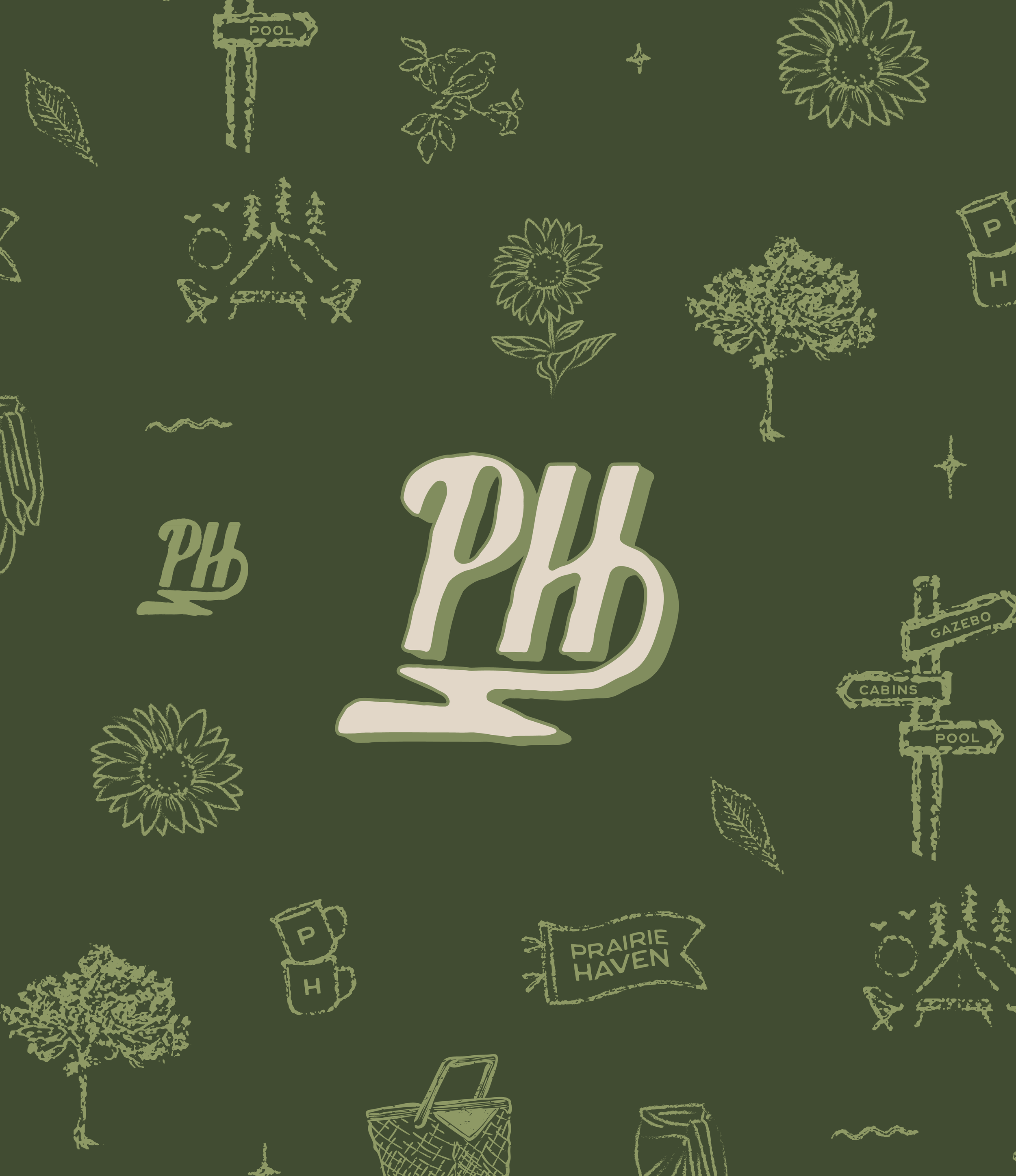 Pattern with camping and outdoor elements including signs labeled "Cabins," "Gazebo," "Pool," and "Prairie Haven," along with trees, flowers, a picnic basket, a tent, and a drink, all on a green background featuring a central logo with stylized lette