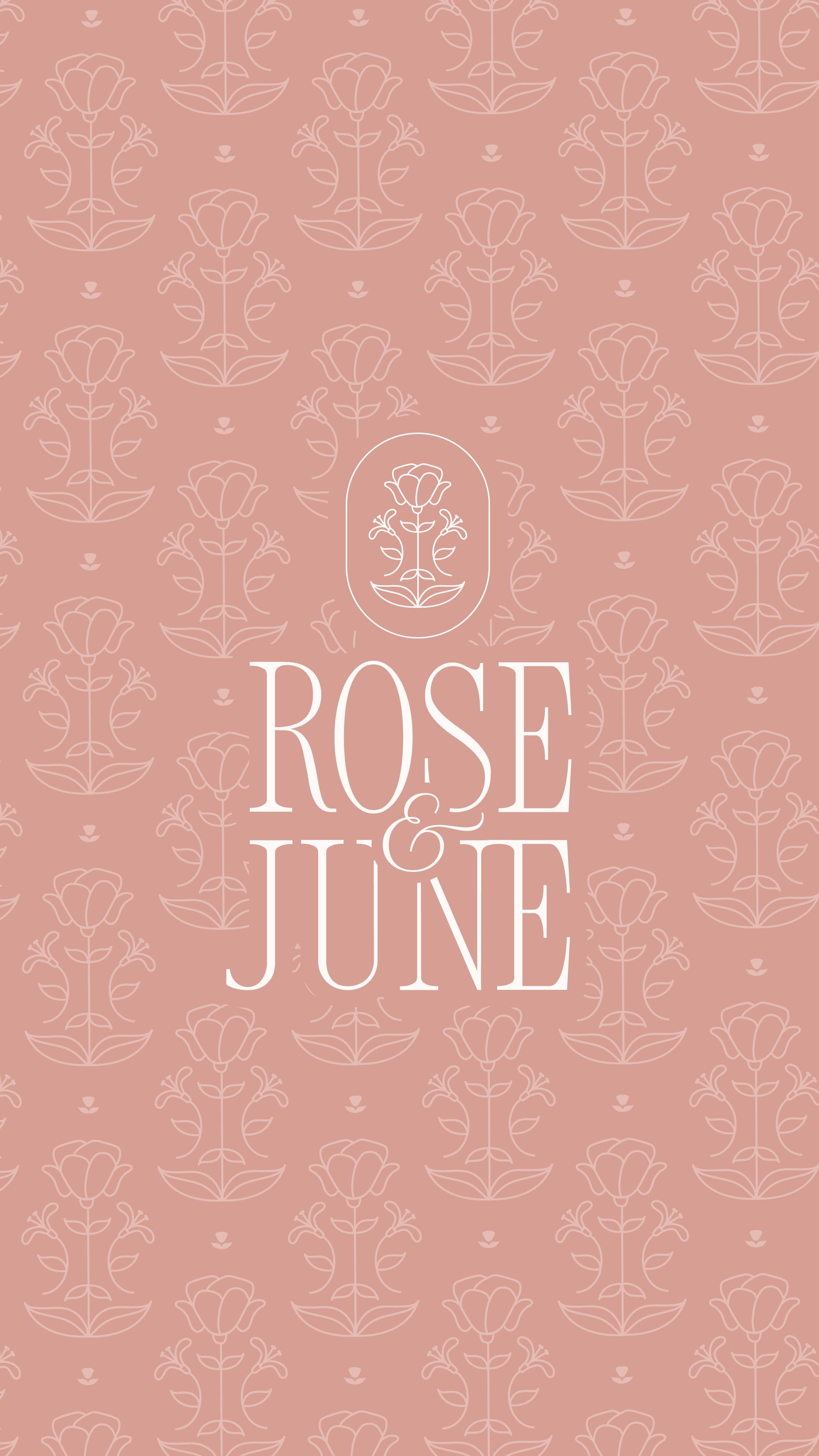 Pink background with a repeating pattern of line drawings of roses and leaves, featuring the text 'Rose & June' in the center with a small rose illustration above the text.