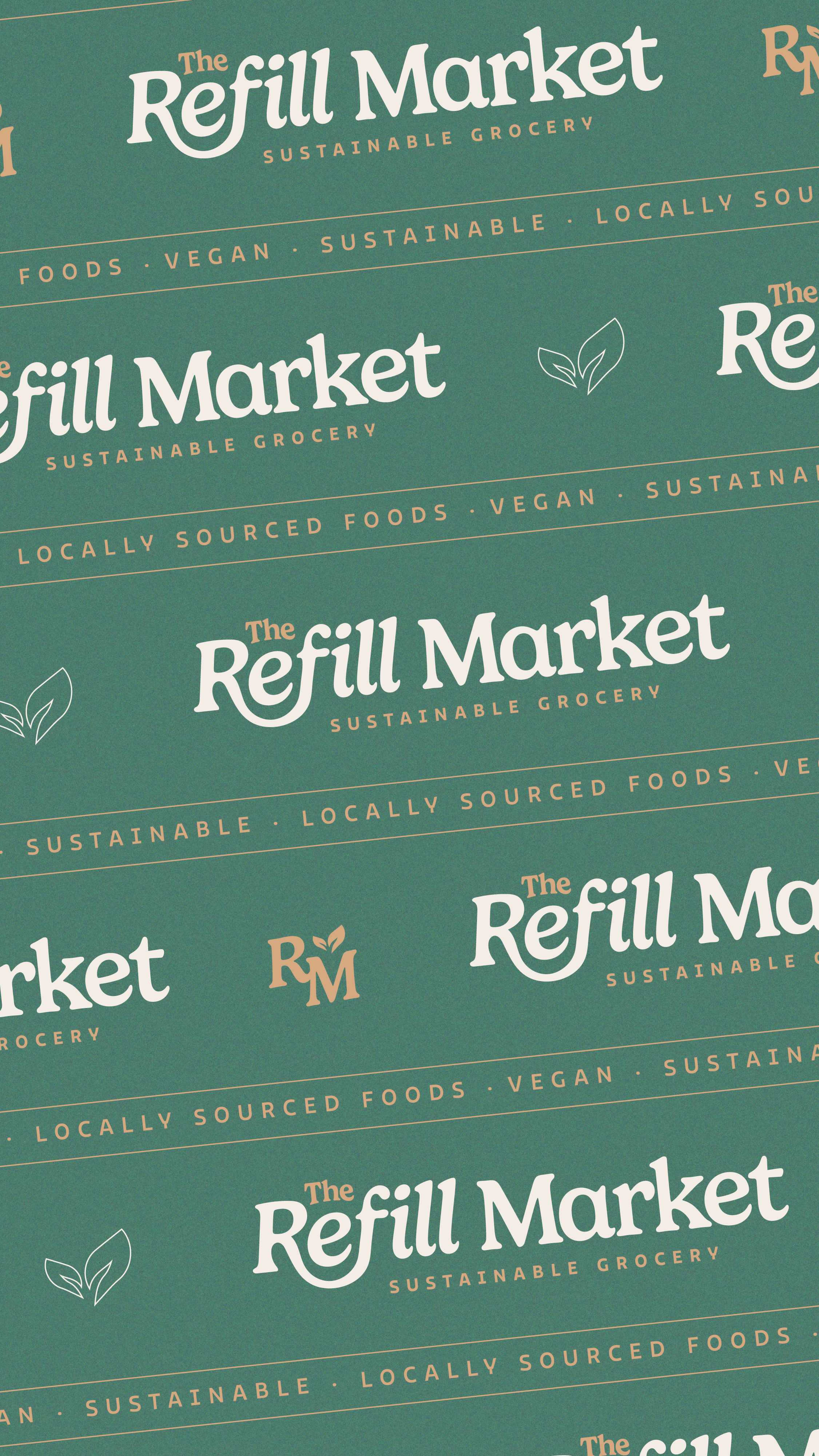 Logo and branding for The Refill Market, a sustainable grocery store featuring phrases like 'Locally Sourced Foods,' 'Vegan,' and 'Sustainable,' with leaf icons and a teal background.