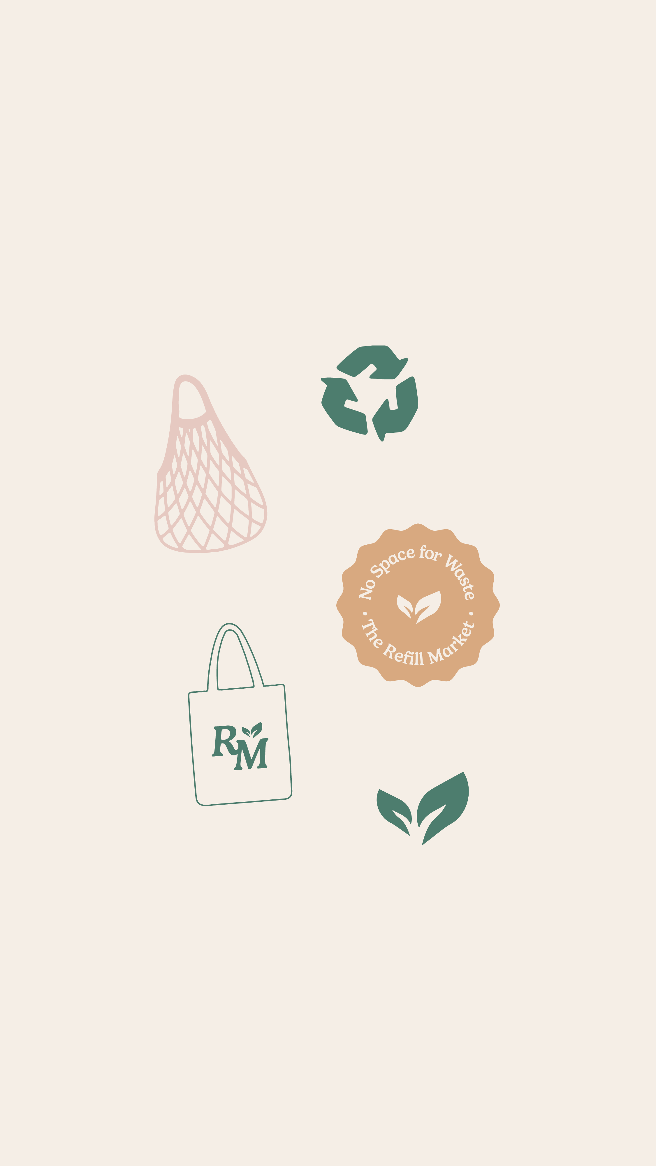 Design elements for a refill market including a mesh bag, a recycling symbol, a tote bag with 'RYM' logo and leaves, and a badge that says 'No Space for Waste - The Refill Market' with a leaf icon.
