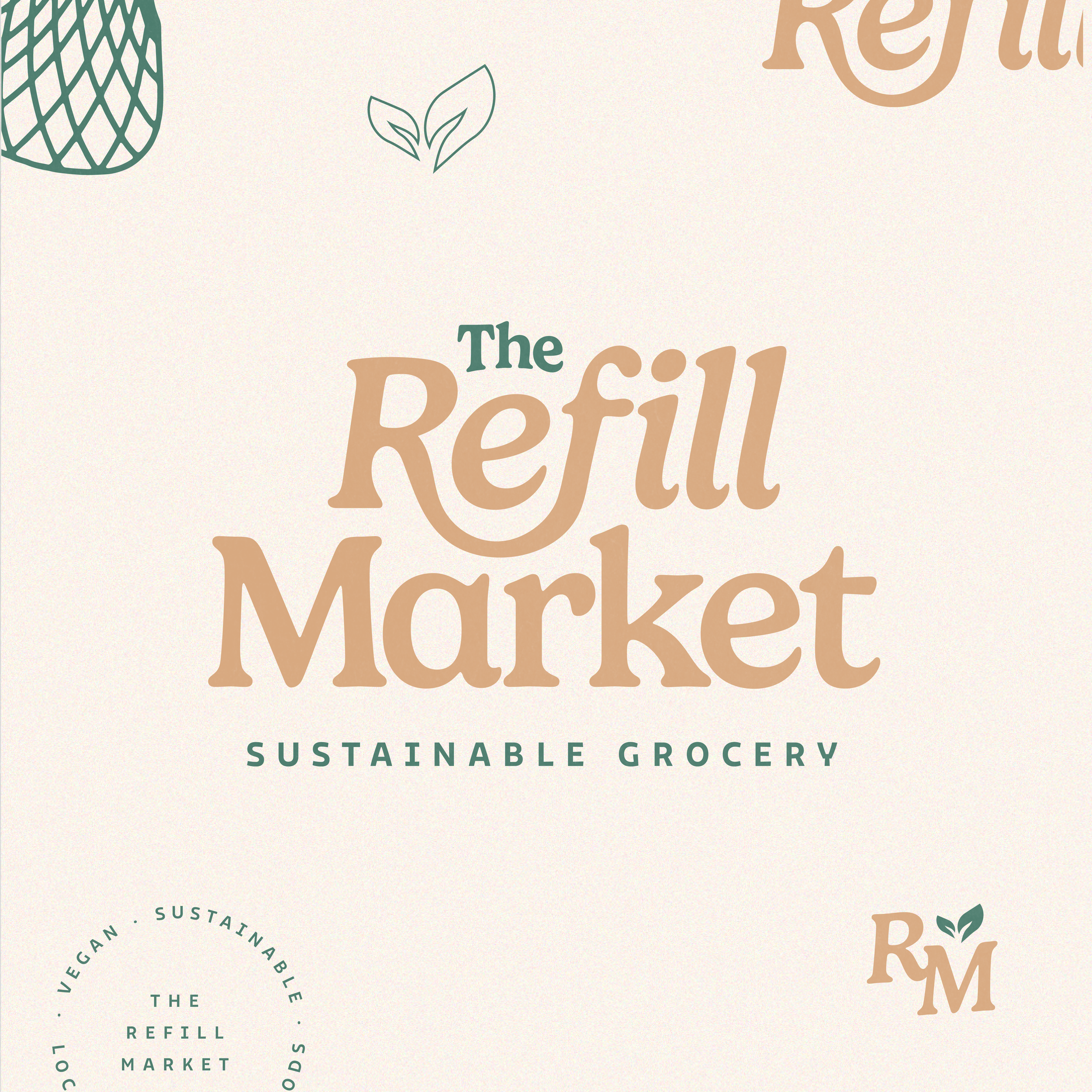 Logo for The Refill Market, a sustainable grocery store, featuring stylized text and leaf icons.