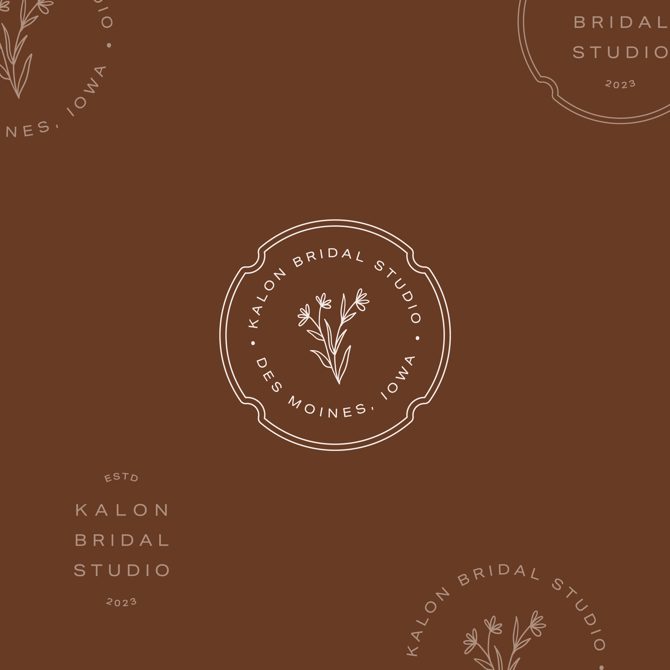 Logo for Kalon Bridal Studio featuring a simple illustration of flowers within a circular border on a brown background.