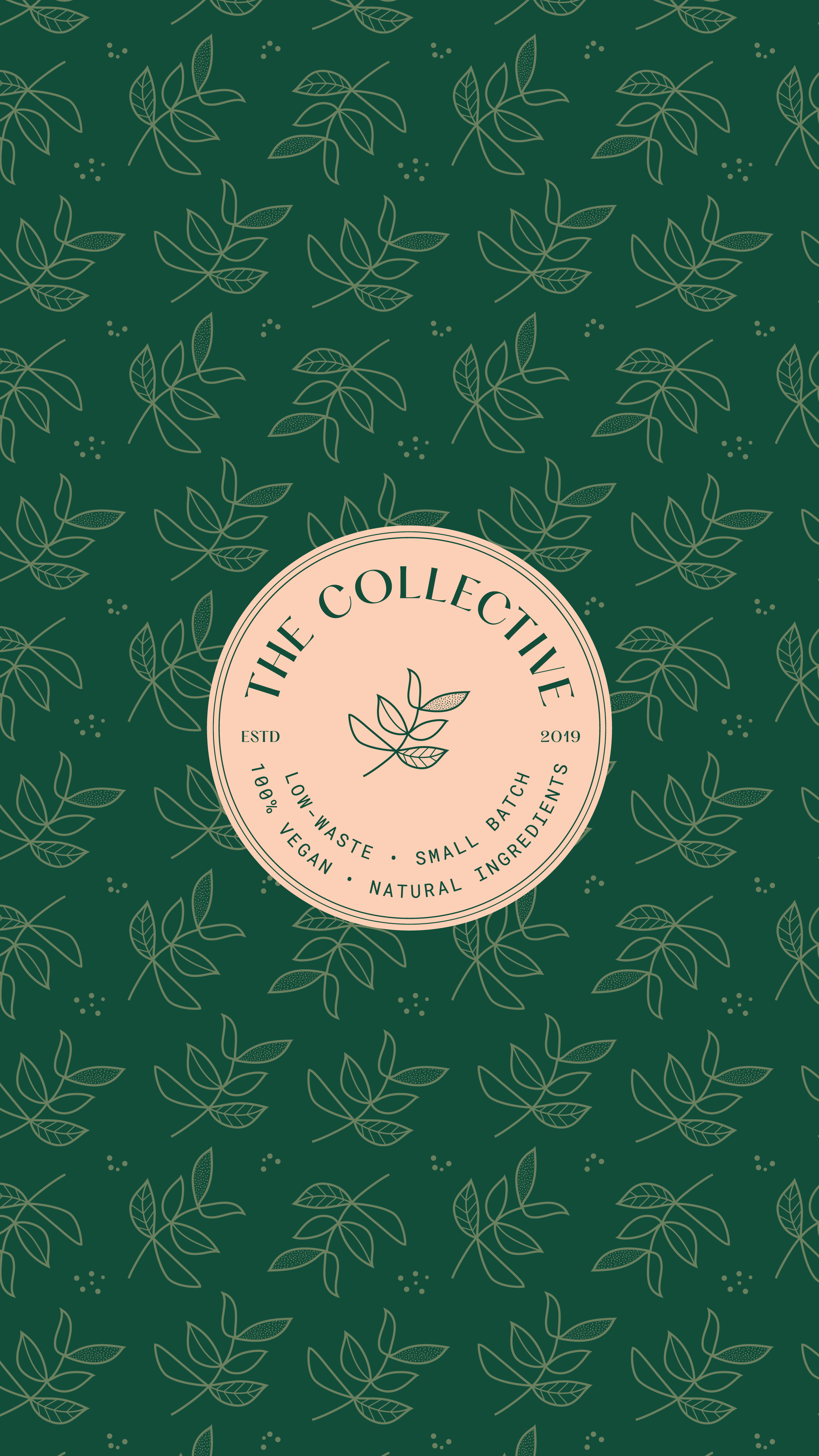 Design of a green background with light green leaves and a pink circular label in the center. The label reads 'The Collectiv,' with details about being established in 2019, low waste, small batch, vegan, and natural ingredients.