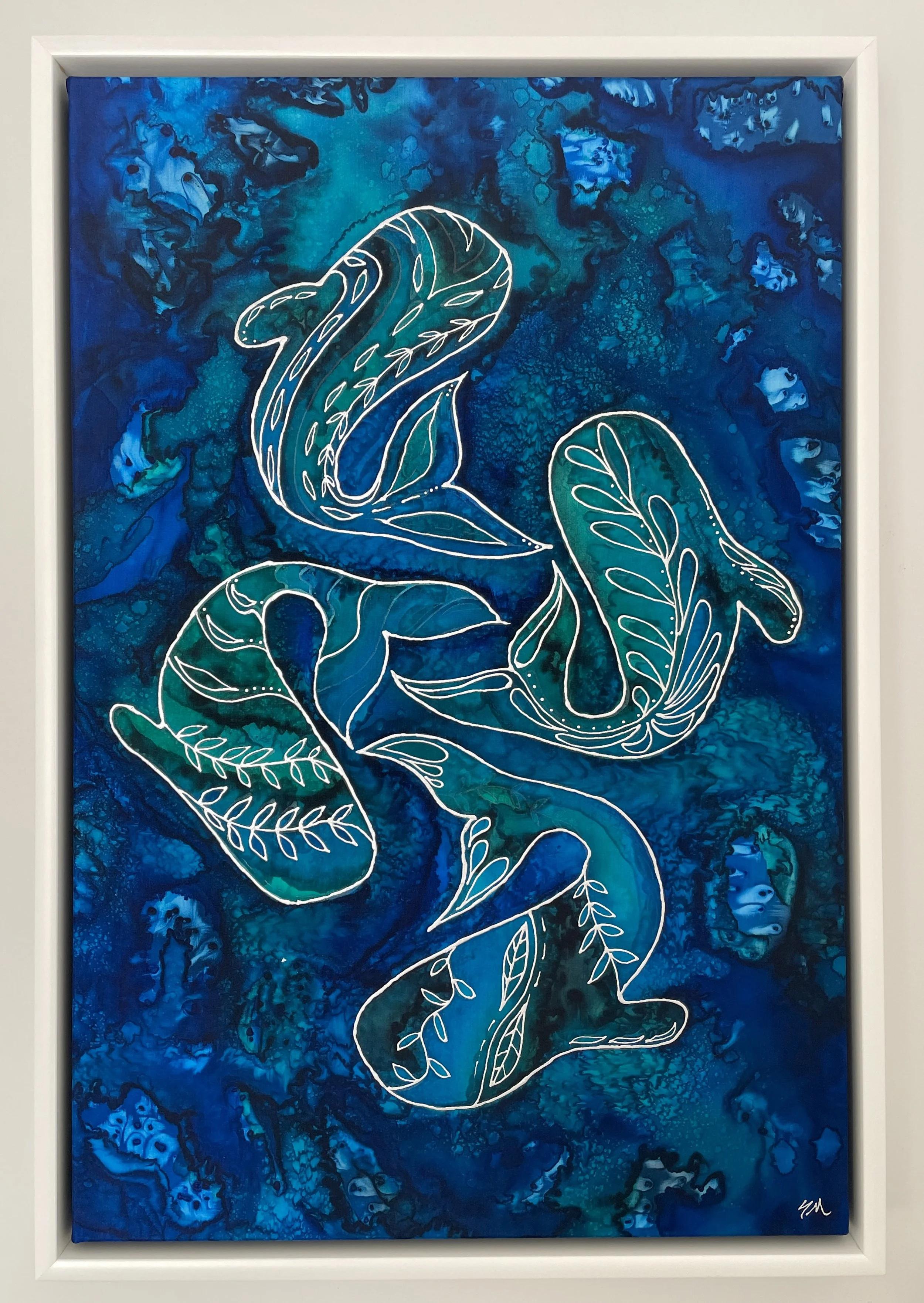 Whales and Ocean, Original Silk Art