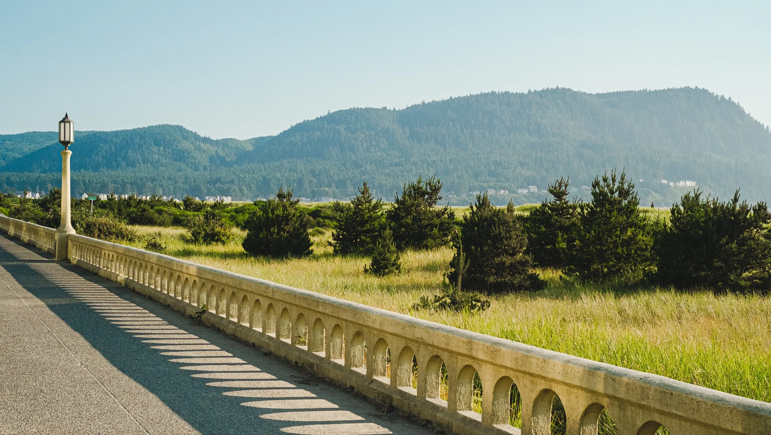 A scenic view of a hillside with green trees and grass, a clear blue sky, and a road with a white fence and a lamppost in the foreground.