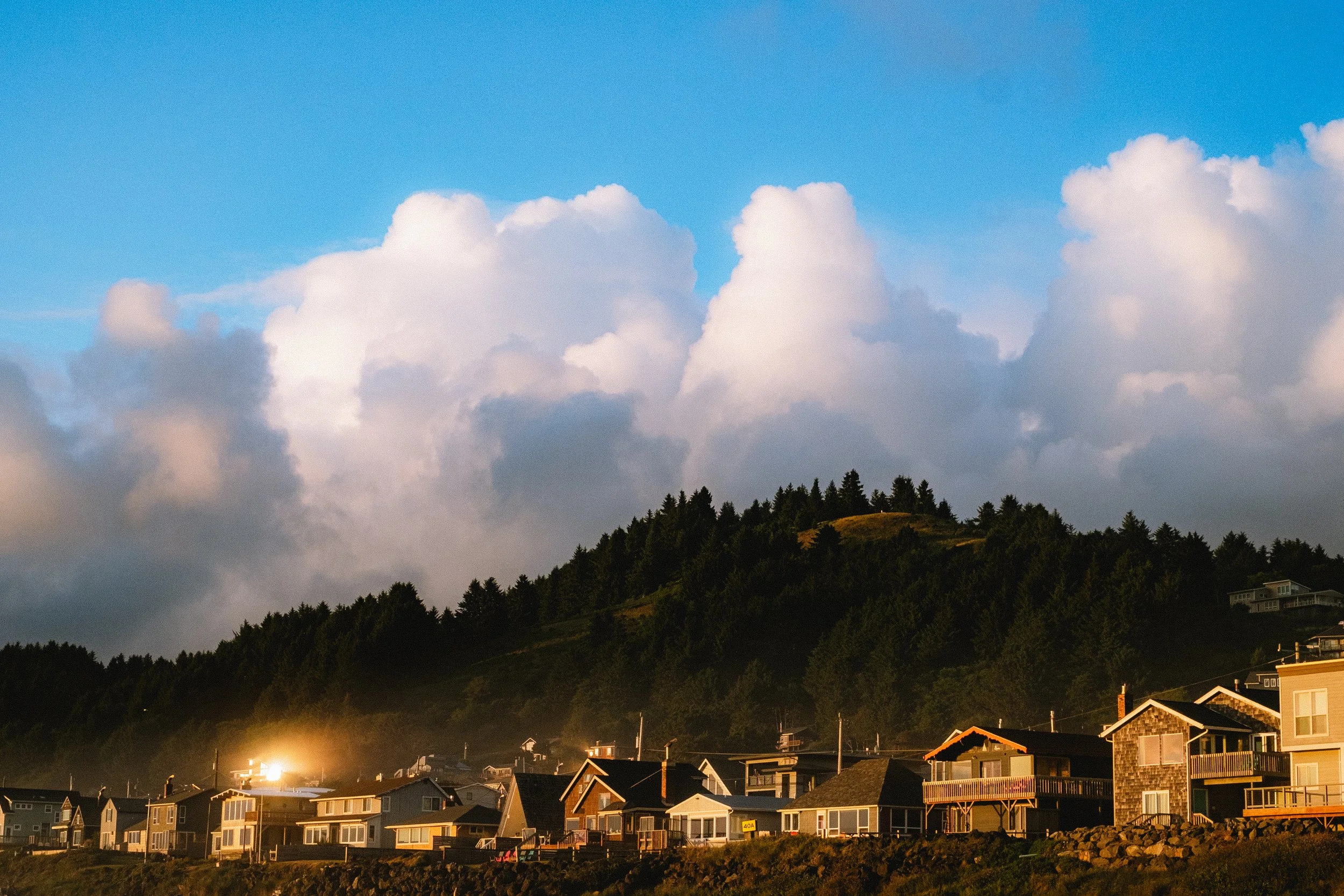 Houses on a hillside with trees and a cloudy sky at dusk.