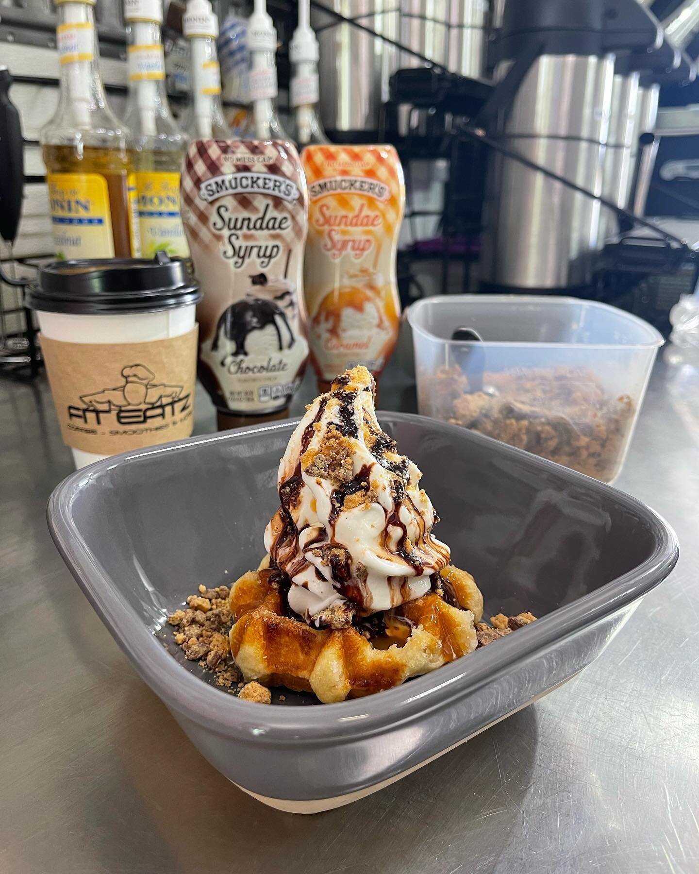 🚨🚨NEW CREATION🚨🚨 &ldquo;Waffle Sunday&rdquo; We just tried it and it was &ldquo;lit&rdquo; as the young kids say! This one has chocolate, caramel, peanut butter cups, protein ice cream over a warm waffle! But we will have other flavors! Come out 