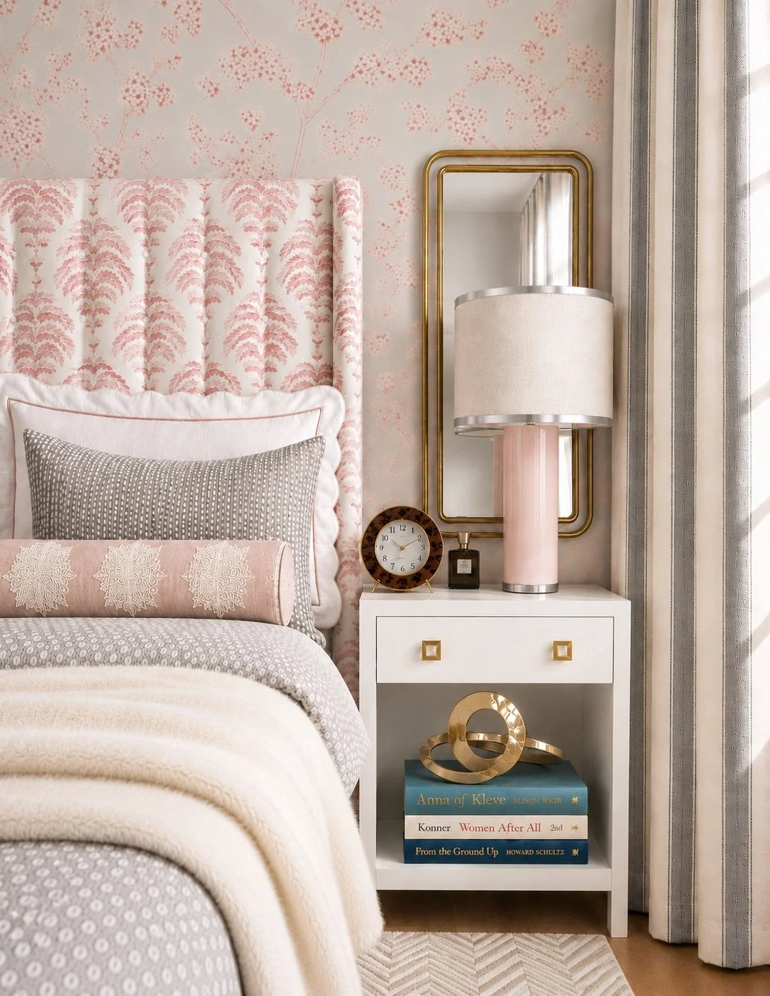 Overton park For Worth primary master bedroom with custom upholstered headboard and designer wallpaper