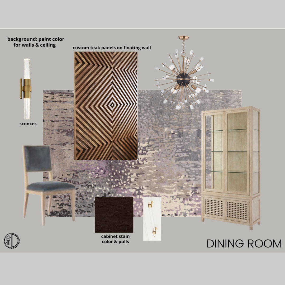 dining room style sheet. background: paint color for walls & ceiling. Custom teak panels on floating wall. Coffee cabinet stain and pull color. Sconces as lighting features.