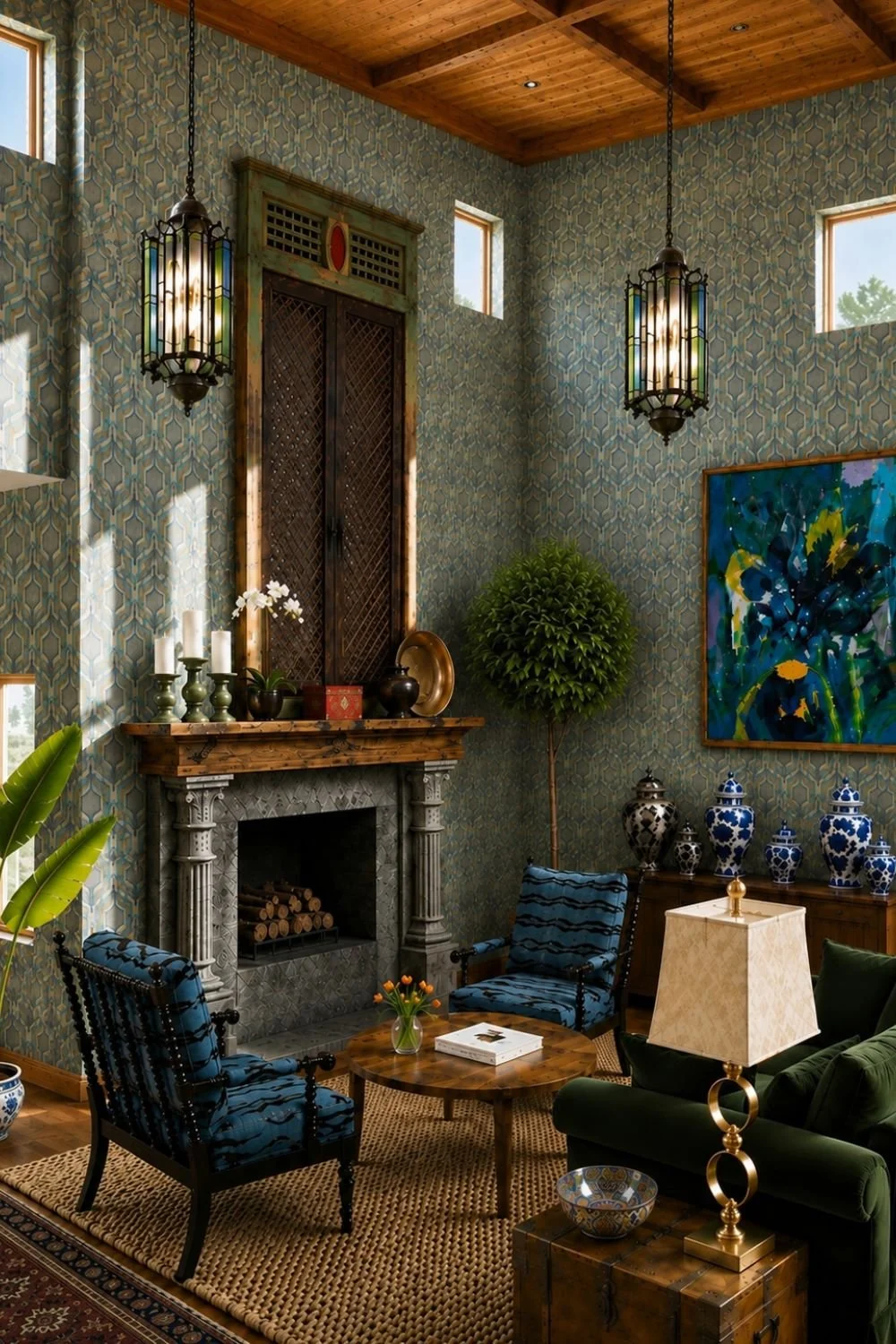 adrienne-morgan-interior-design-southlake-tx-wood-accents-in-home-design-moody-living-room-with-green-wallpaper-wood-ceiling-detail-high-end-custom-home.jpg