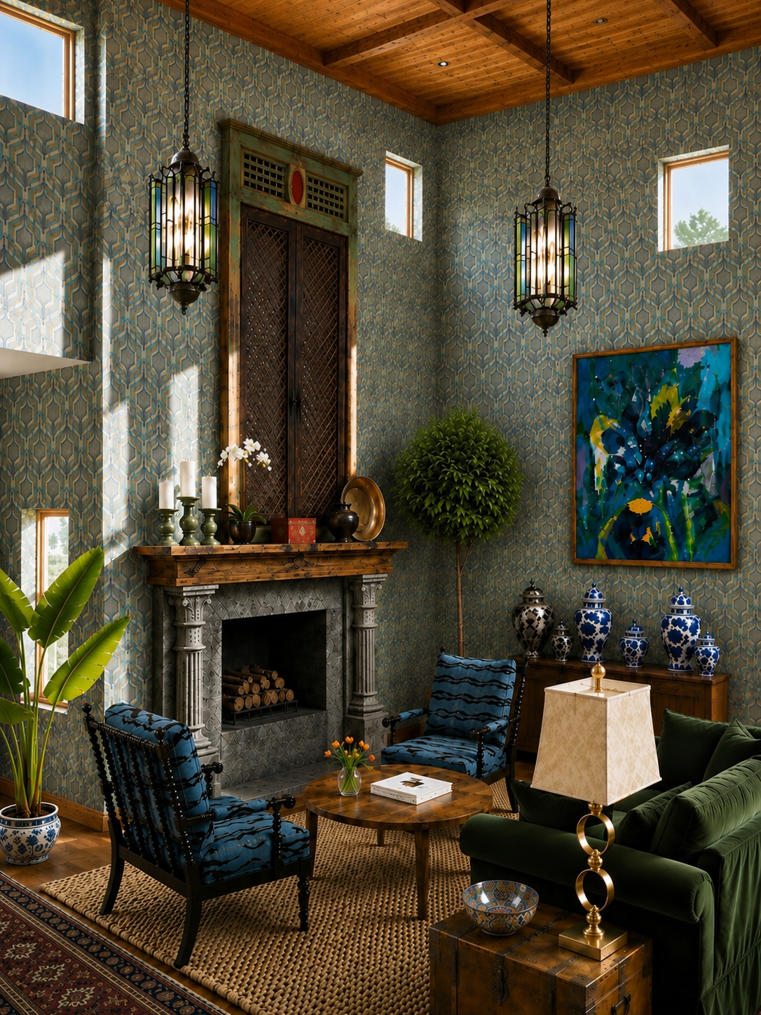 Dallas living room man cave with Moroccan lanterns and a custom fireplace mantle made from antique architectural elements