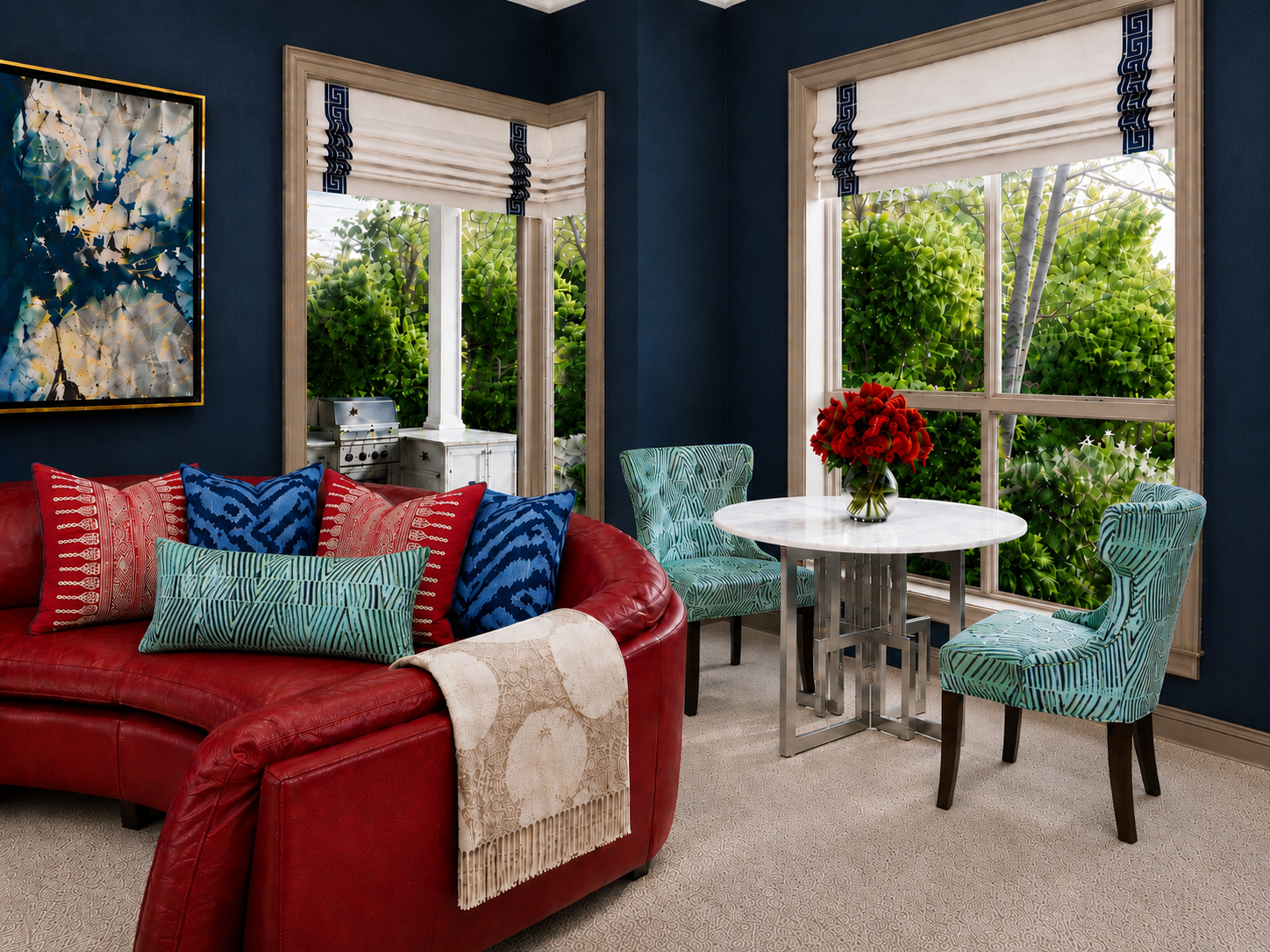 Dallas living room with grasscloth wallpaper and mid century modern furniture and soft Roman shades