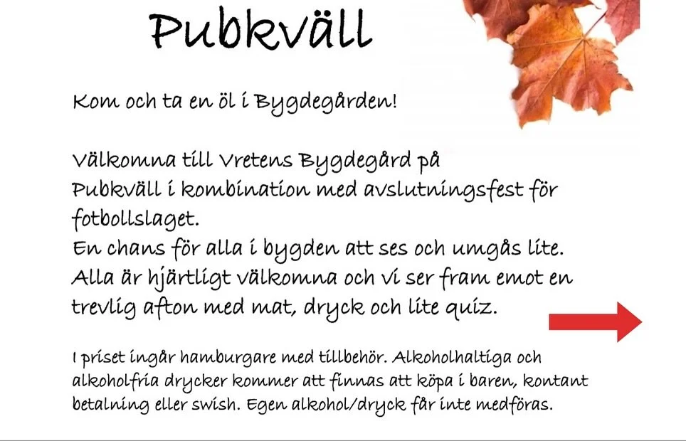 Pubkv&auml;ll i Vretens Bygdeg&aring;rd!

Vi bjuder in till en h&auml;rlig kv&auml;ll i bygdeg&aring;rden med gott s&auml;llskap, quiz, n&aring;got gott i glaset och riktigt bra st&auml;mning! 

📍 Plats: Vretens Bygdeg&aring;rd
🗓️ Datum: 15 novembe