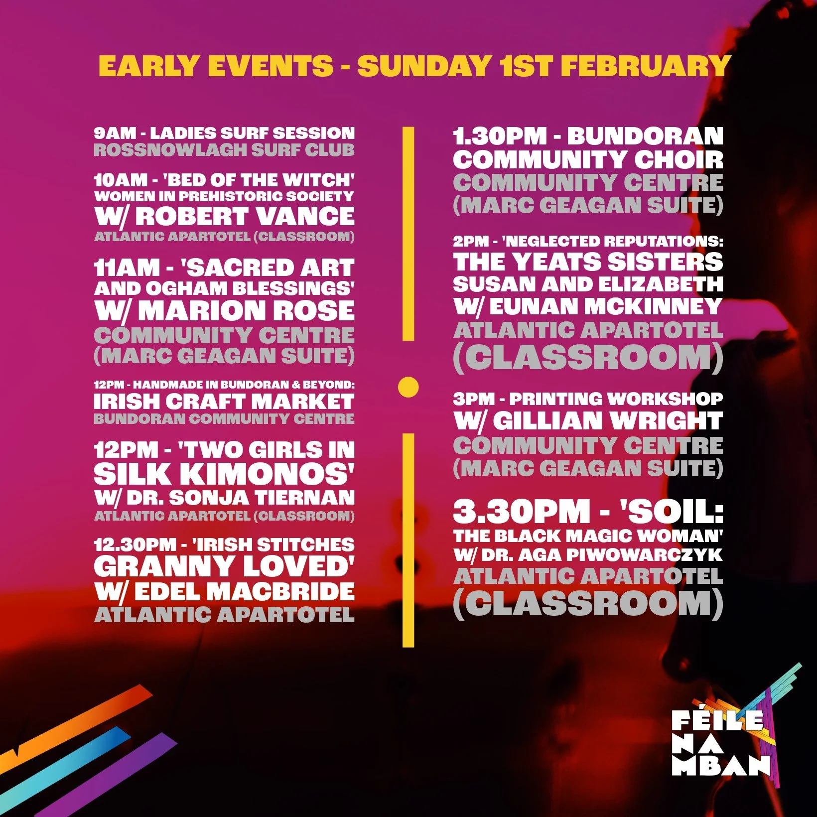 Day 3! Another great lineup events and workshops today - learn about some of Ireland's most famous and important sisters, hear the wonderful community choir, practice your spiritual crafting and learn more about the land.