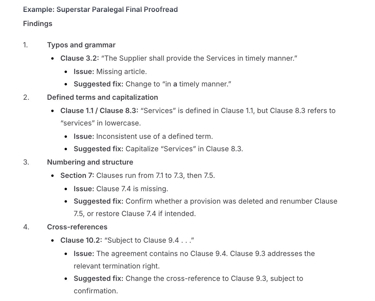 Example Superstar Paralegal proofread findings: typos, defined terms, numbering and cross-references