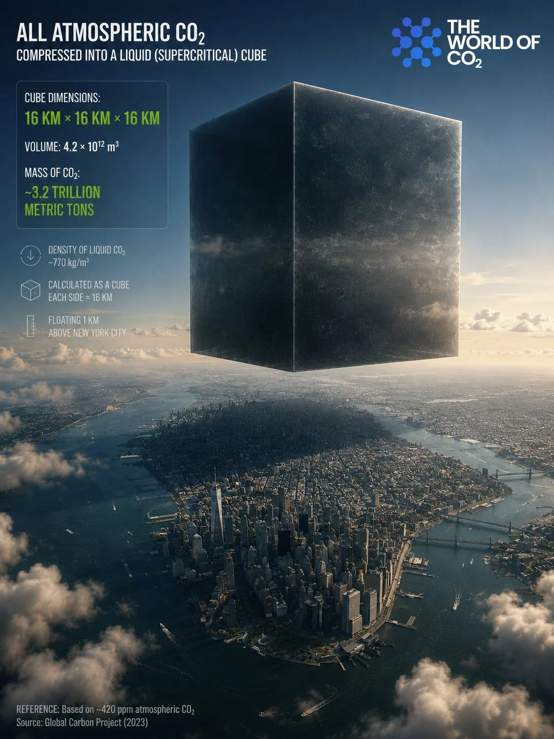 An infographic showing a large black cubic block representing all atmospheric CO2 compressed into a 16 km by 16 km by 16 km cube, floating above New York City to illustrate the total mass of CO2 in the atmosphere, approximately 3.2 trillion metric tons.