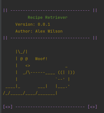 terminal screenshot with title of software plus an ascii art dog