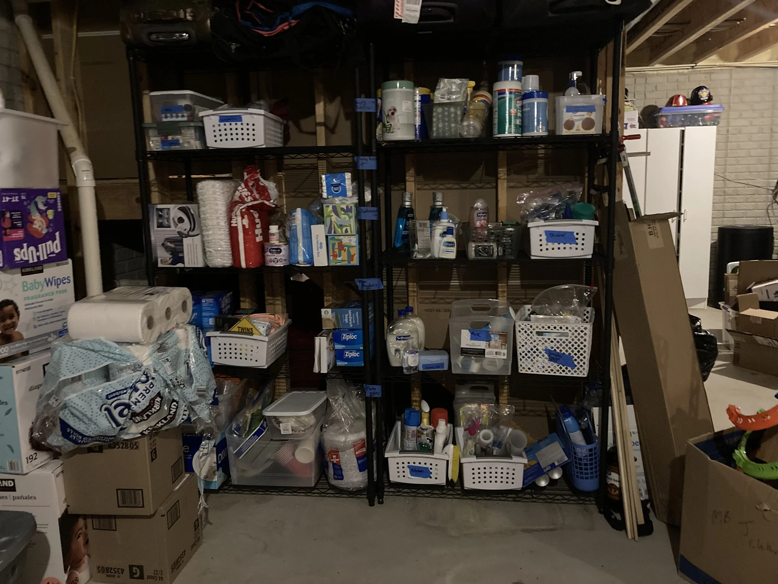 After photo of cleaning supplies back stock. Finding extra bottles of sanitizing wipes, sunscreen, dishsoap, and handsoap is a fun reward in decluttering. It feels like saving money, and moving the clutter saves energy in finding things. This family