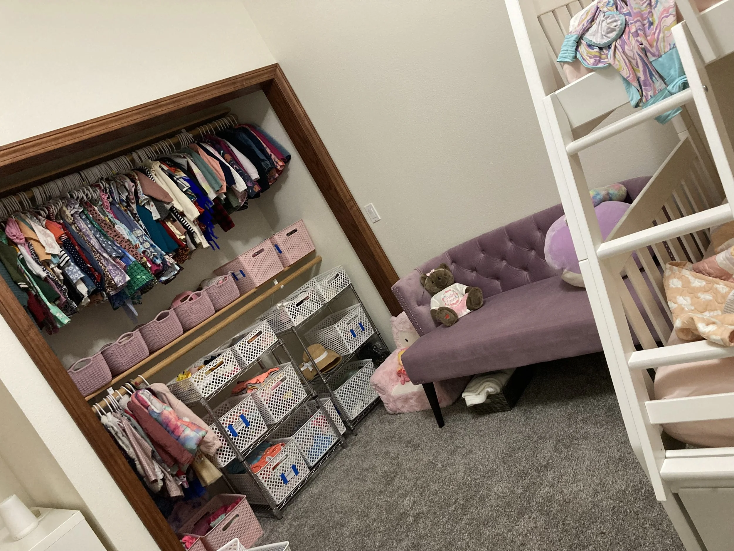 Little girlie’s room is getting settled after the move. We unbagged and hung the clothes, and settled the frequent items into kid-friendly labeled bins.