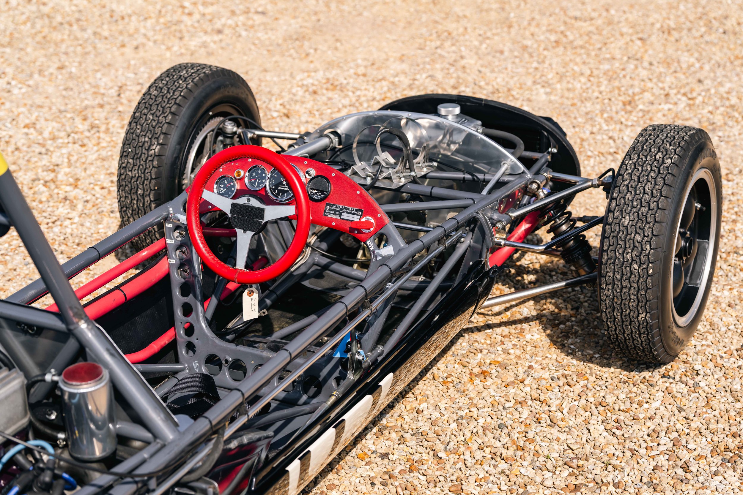 Lotus 20 Formula Junior – cockpit overhead view, chassis 20-J-905, red steering wheel and pedal box