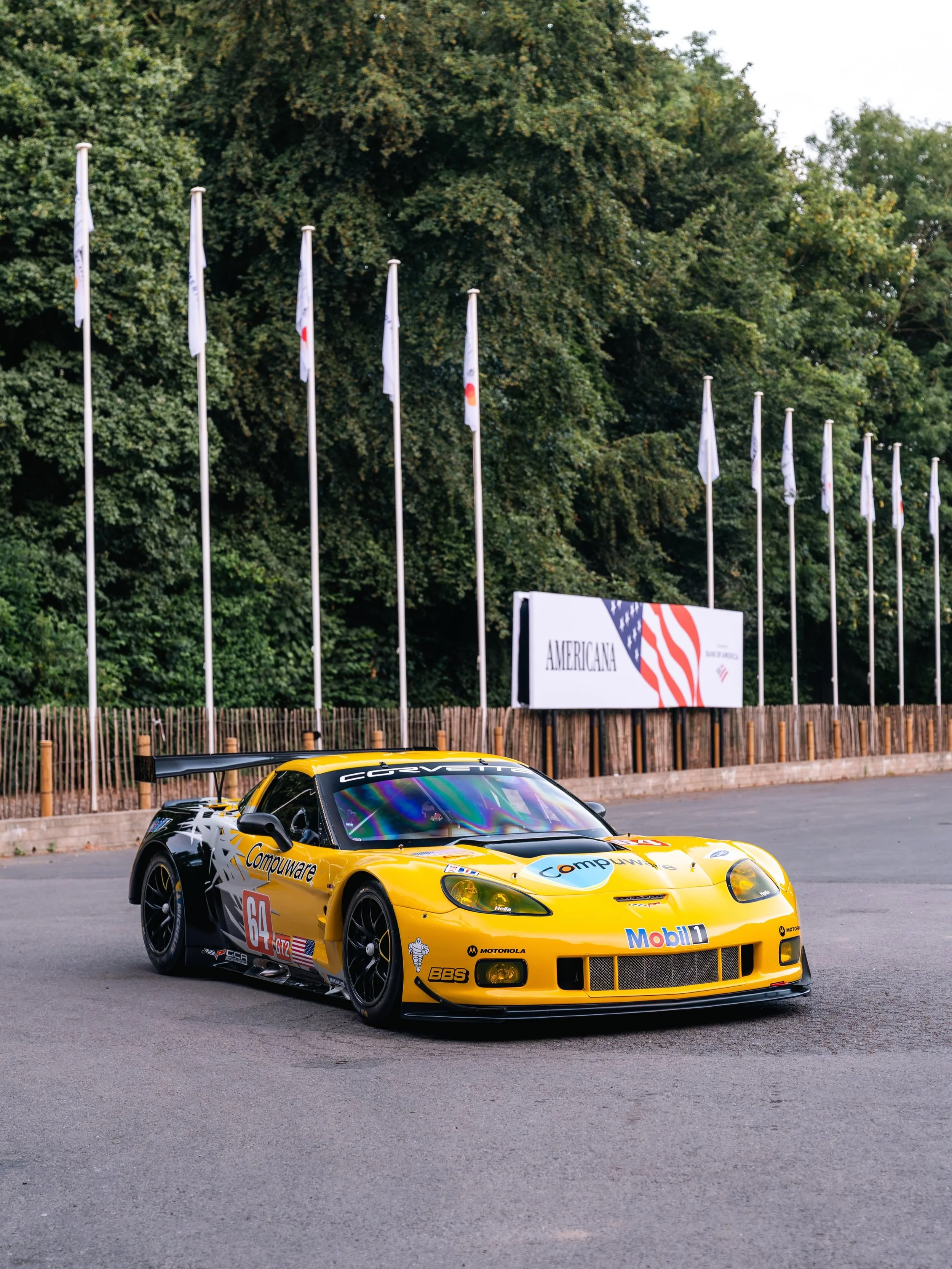 Corvette C6R GT2 chassis C6.RGT-002 – front three-quarter at Festival of Speed 2026, Velocity Yellow, Corvette Racing factory livery