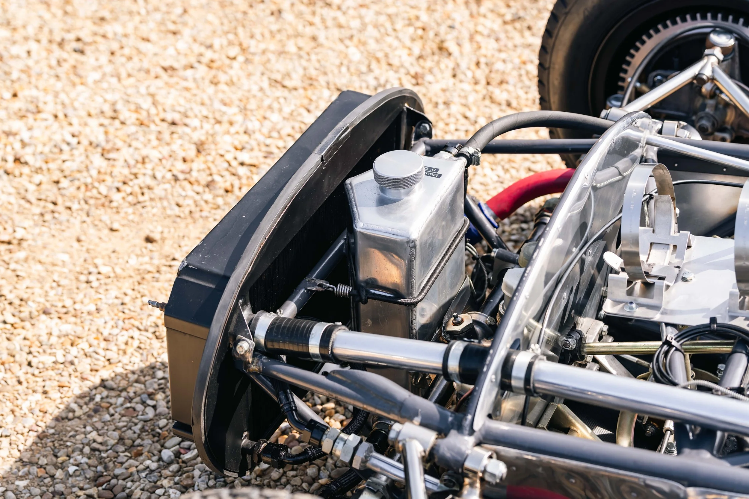 Lotus 20 Formula Junior – engine bay overhead, chassis 20-J-905, coolant header tank and ancillaries