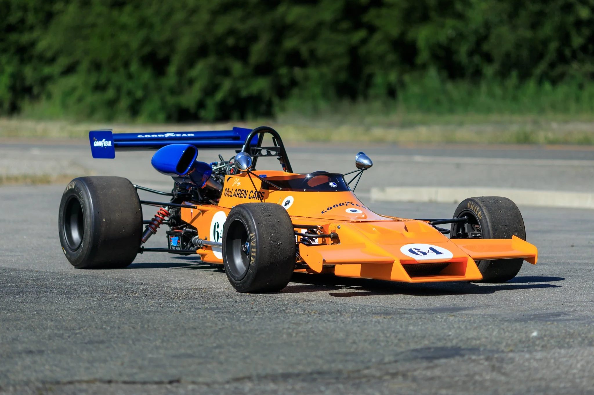 McLaren M21 Formula 2 for sale. Chassis M21-3.  Papaya Orange. Mitchell Curated. 3/4 view