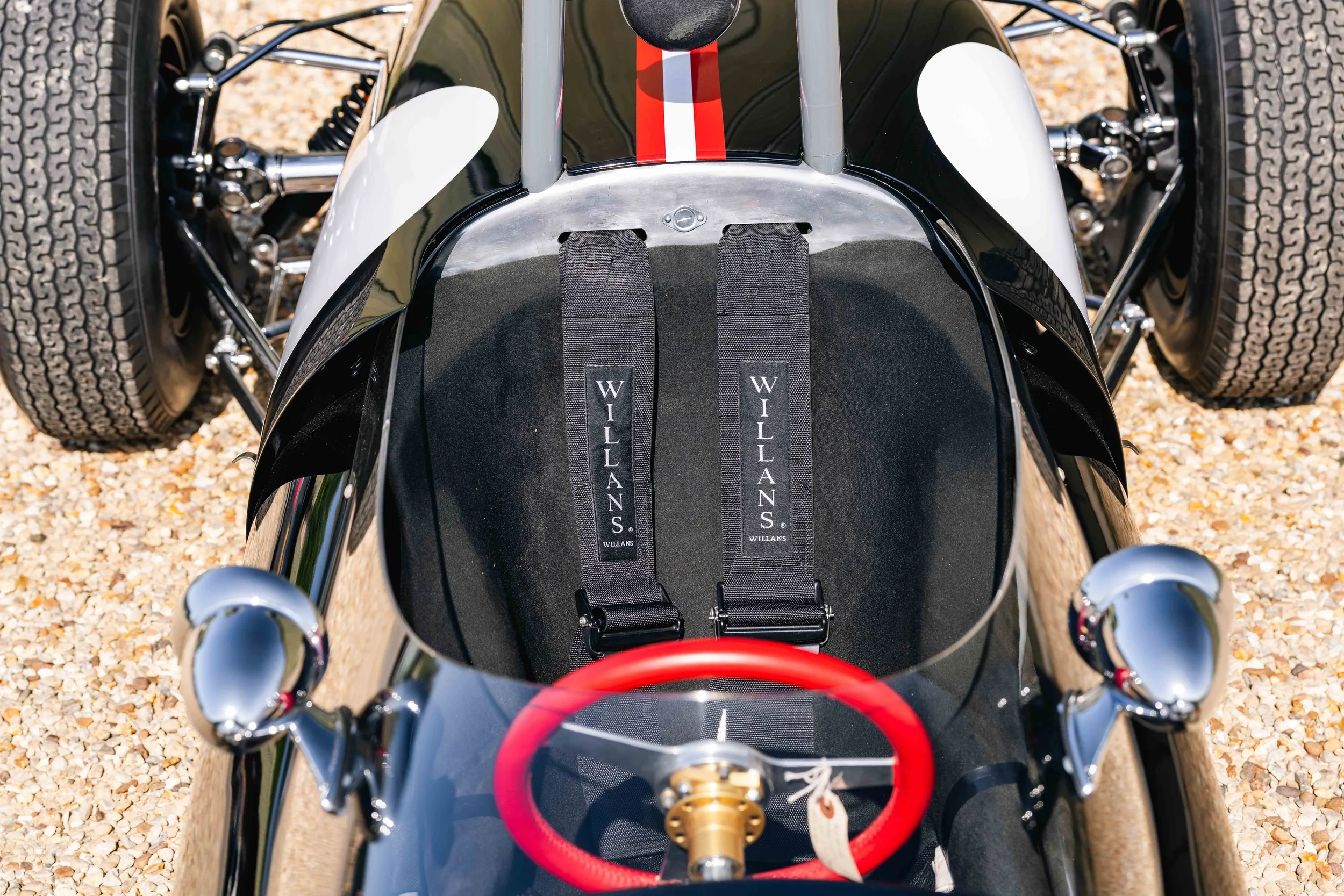 Lotus 22 Formula Junior – cockpit overhead with Willans harness and red steering wheel, chassis 22-J-39
