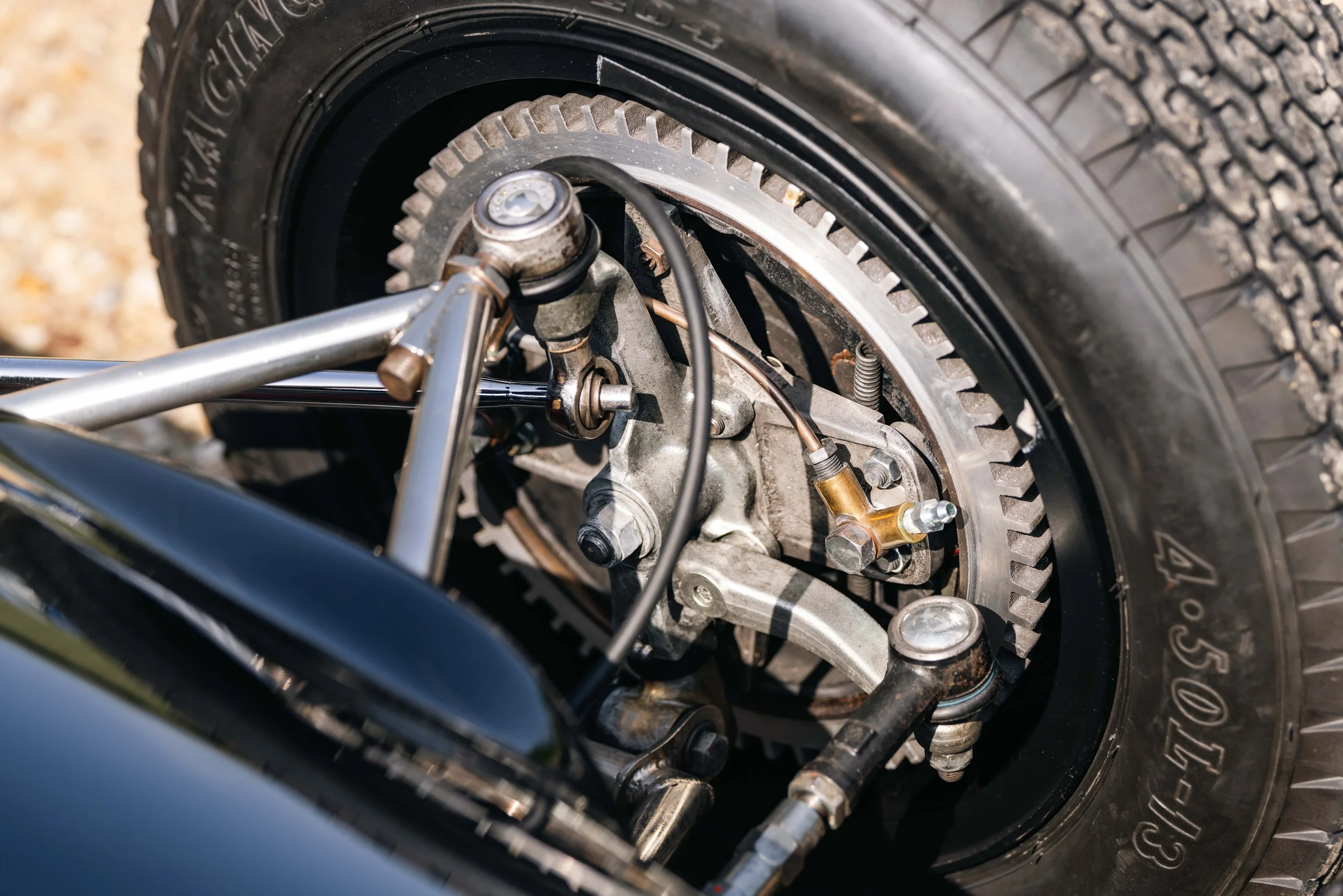 Lotus 20 Formula Junior – rear wheel and suspension detail, chassis 20-J-905, drum brake and wishbone