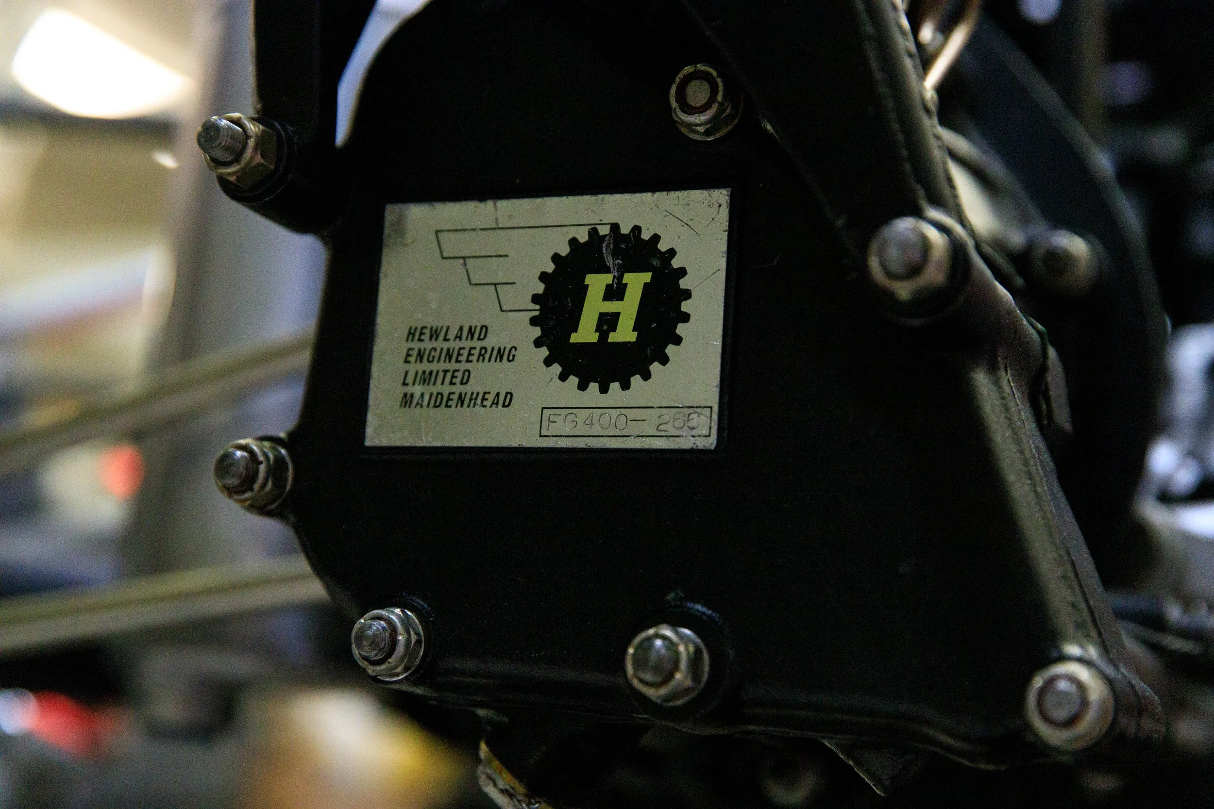 McLaren M21 Formula 2, chassis M21-3 — Hewland gearbox identification plate, Hewland Engineering Limited Maidenhead