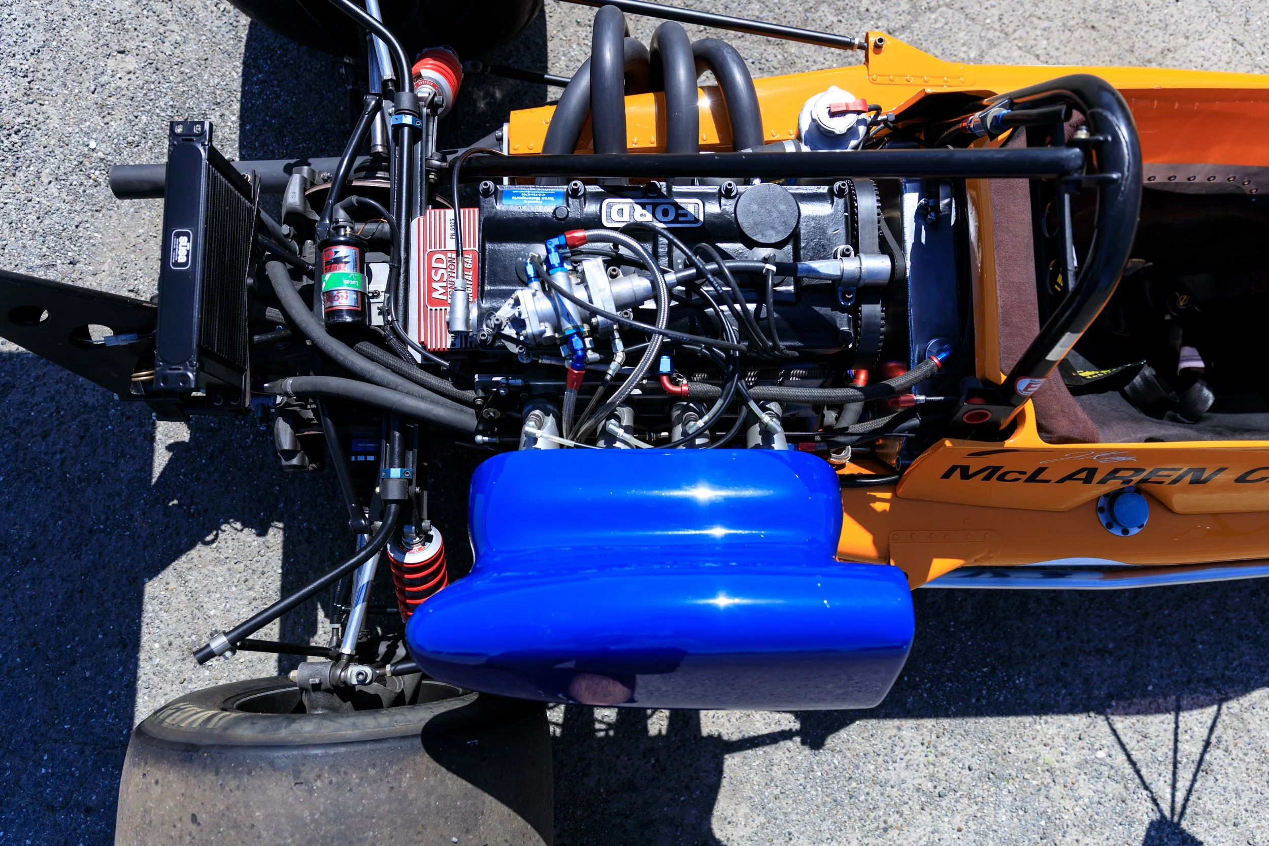 McLaren M21 Formula 2 for sale. Chassis M21-3. Cosworth BDG. Teran Motorsports. Mitchell Curated. engine view.
