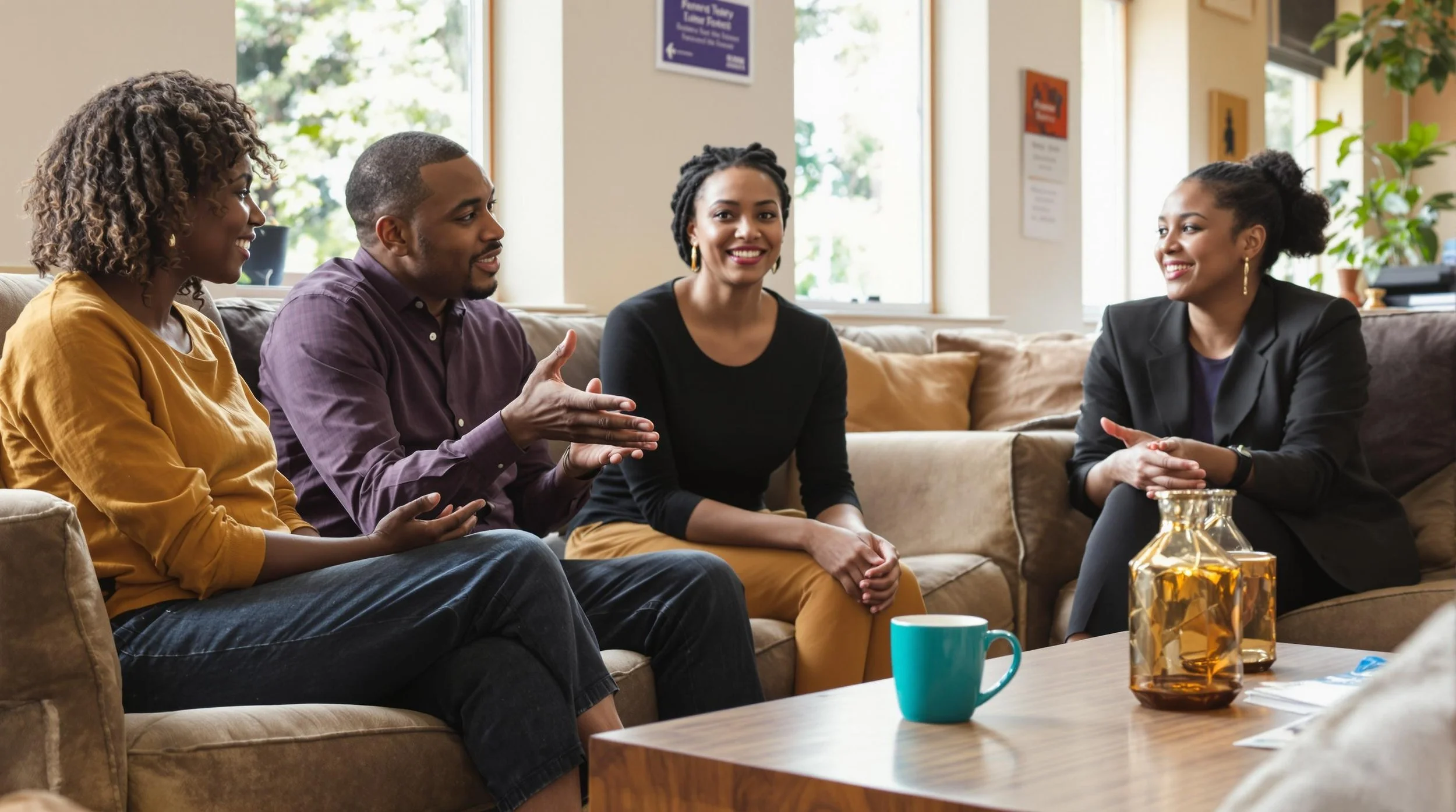 Group discussion in a cozy setting, showcasing diverse individuals engaging in conversation and sharing ideas.