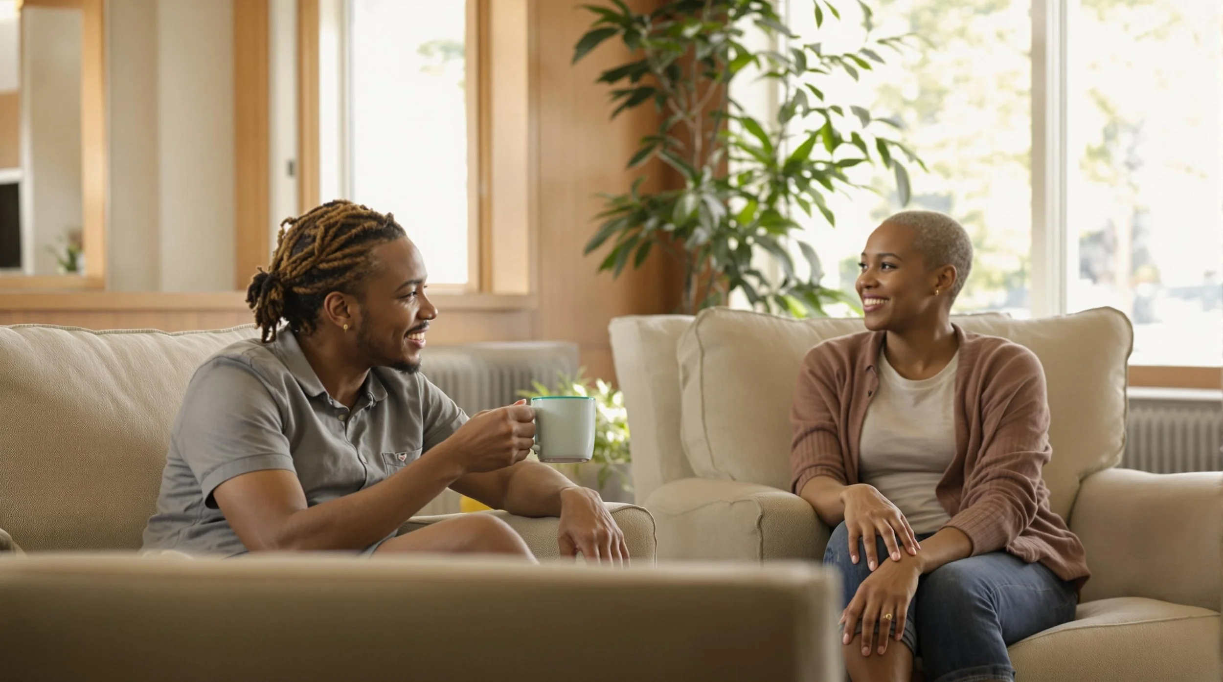 Two friends enjoying a conversation while sitting on a cozy couch in a warm, bright living room with plants.