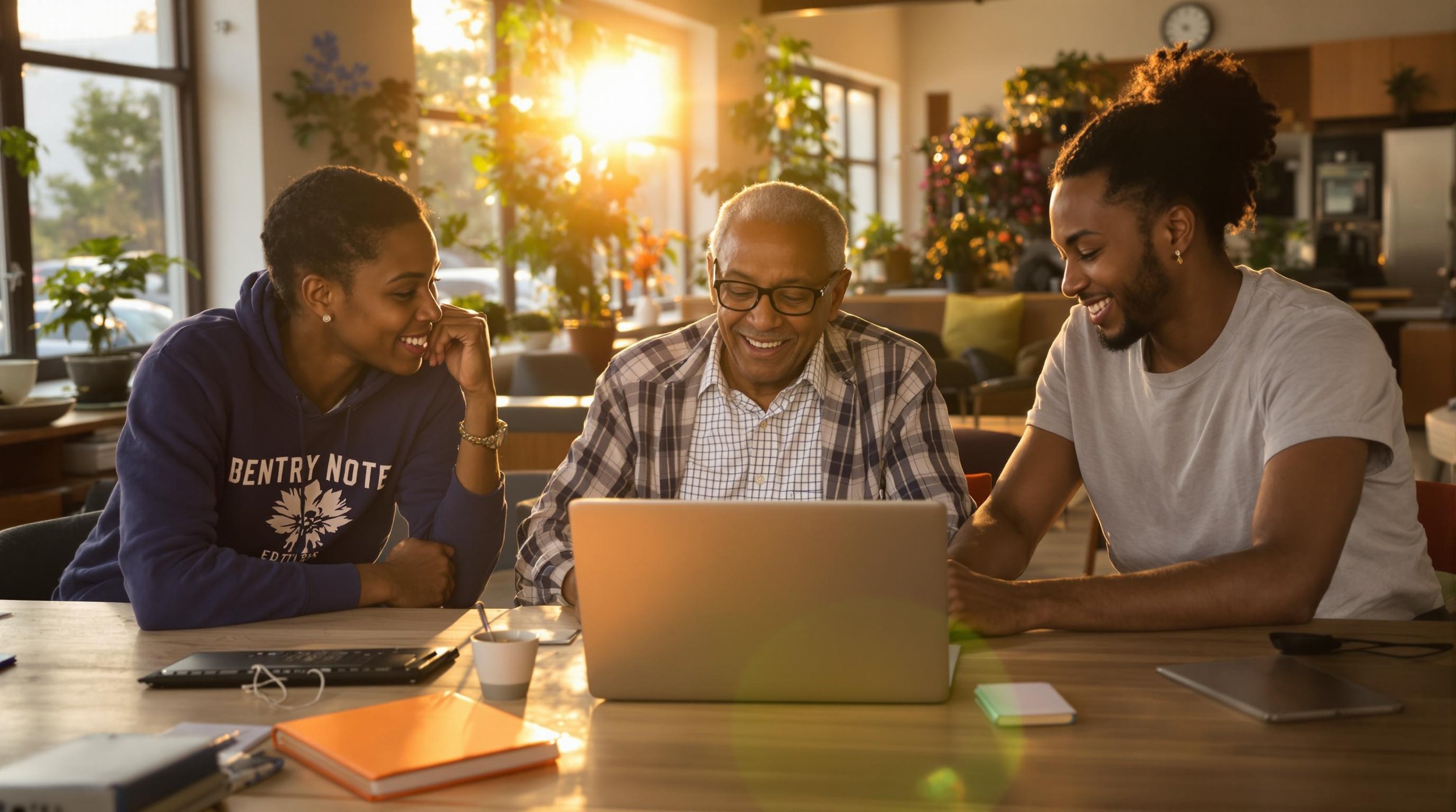Group of three people engaged in happy conversation while using a laptop in a bright indoor setting with plants.