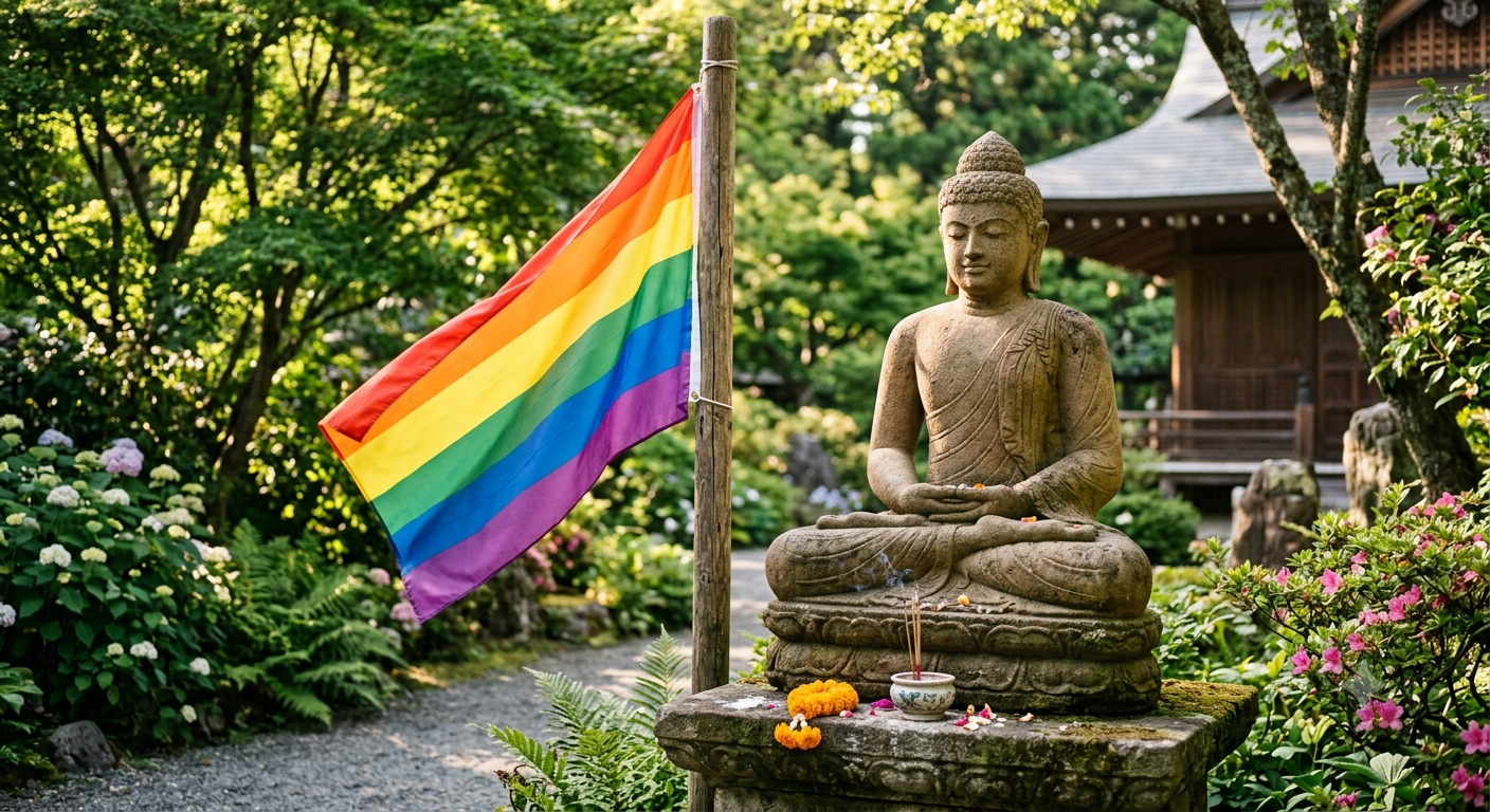A Buddha sculpture next to a pride flag