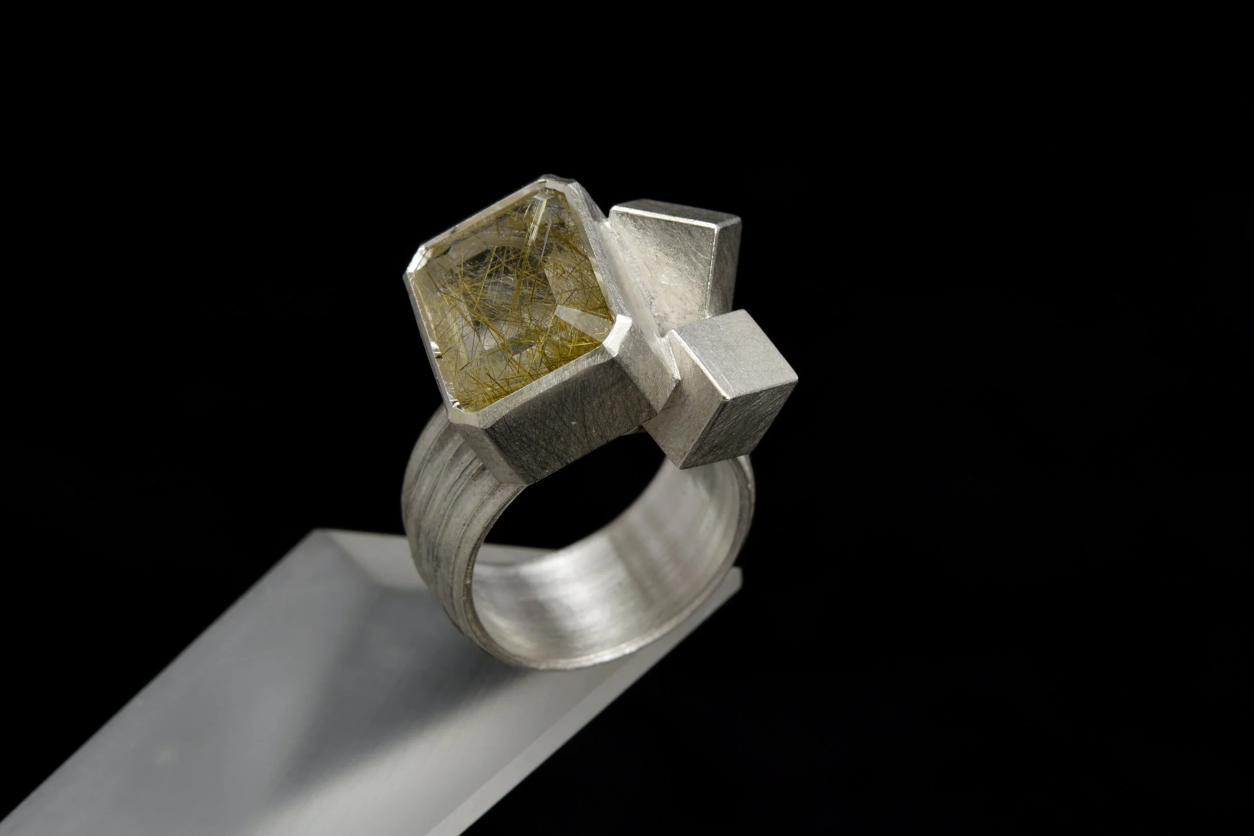 Geometric Sterling Silver Ring with Rutilated Quartz — Chris Boland Designs