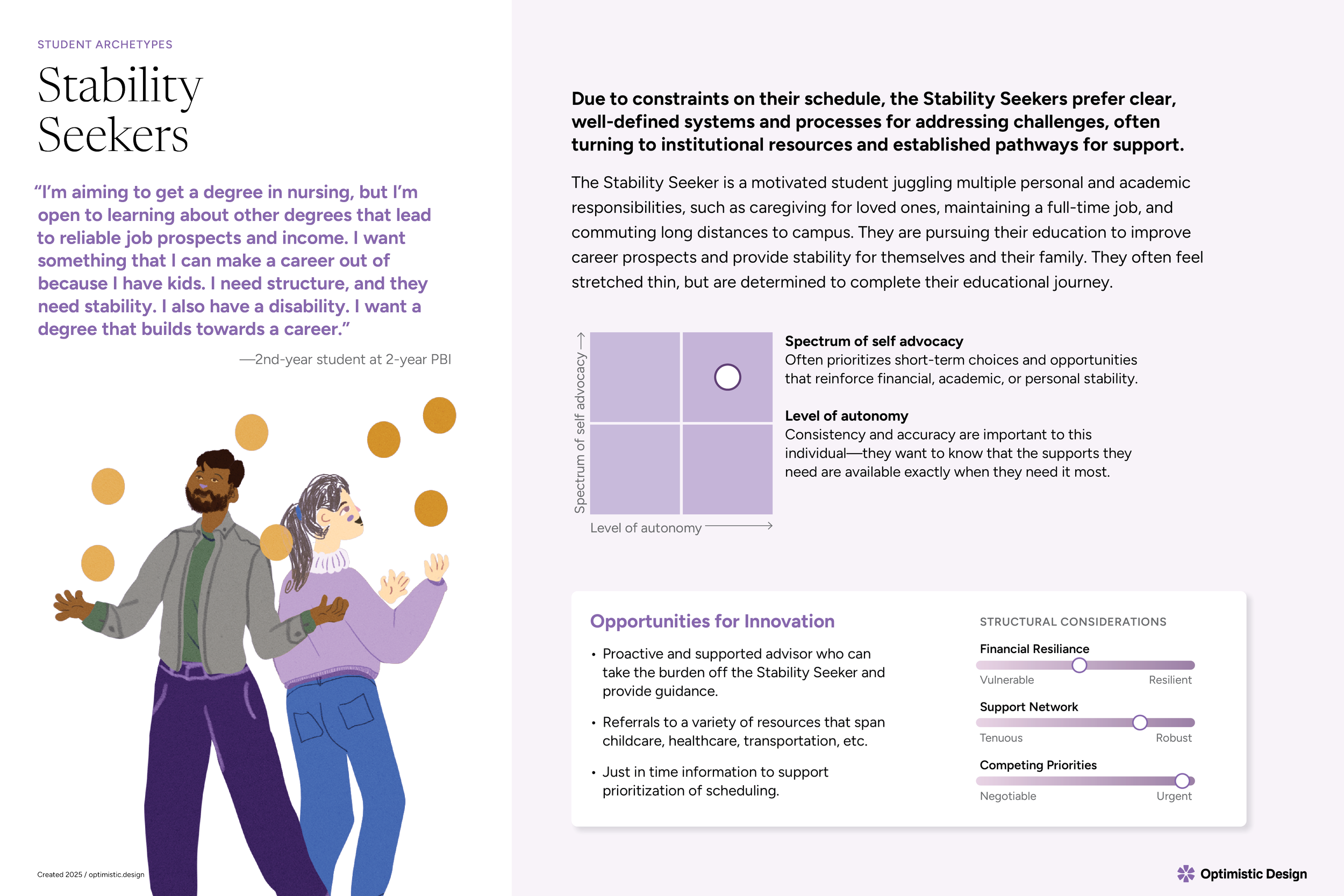 Infographic about stability seekers with a quote from a student about their career goals, an illustration of two people, and text discussing self-advocacy, autonomy, and structural considerations.