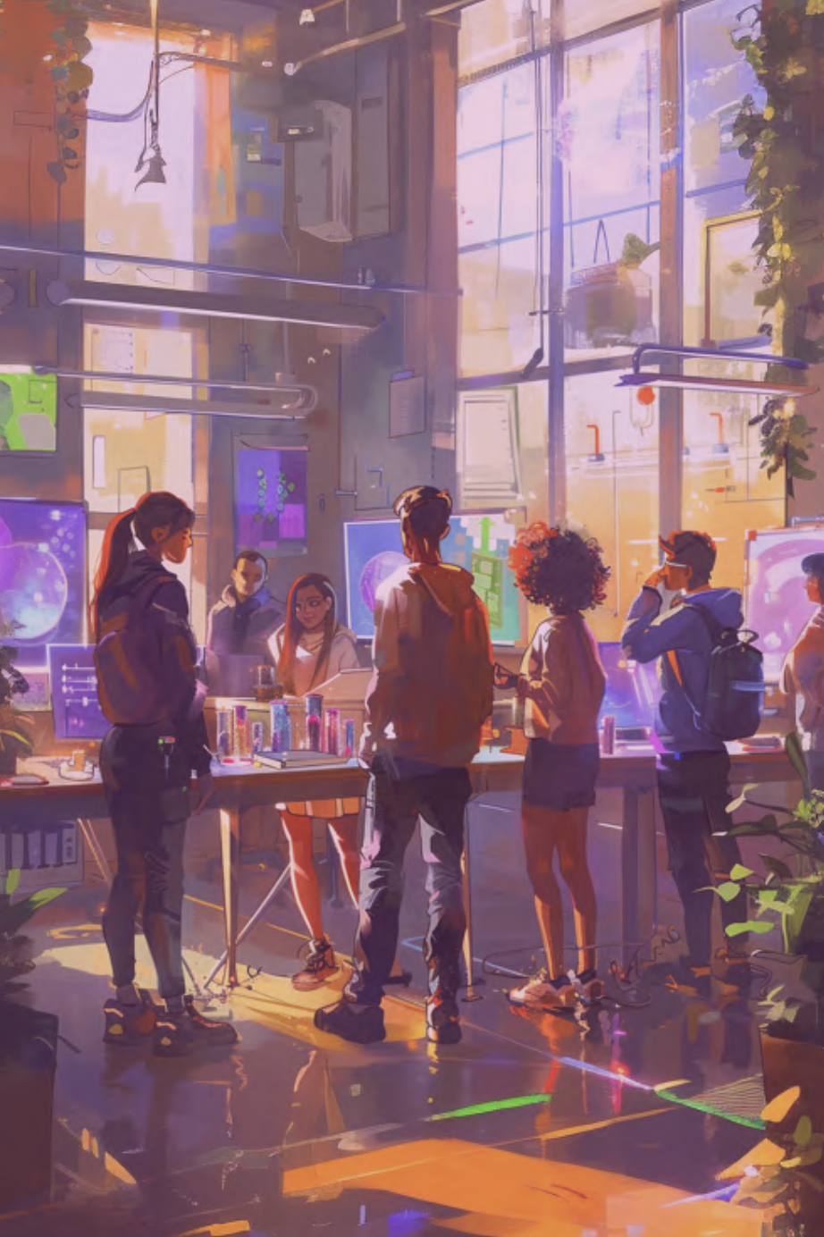 A futuristic science classroom with large windows, holographic displays, and a group of students and teachers engaging with technology and experiments.