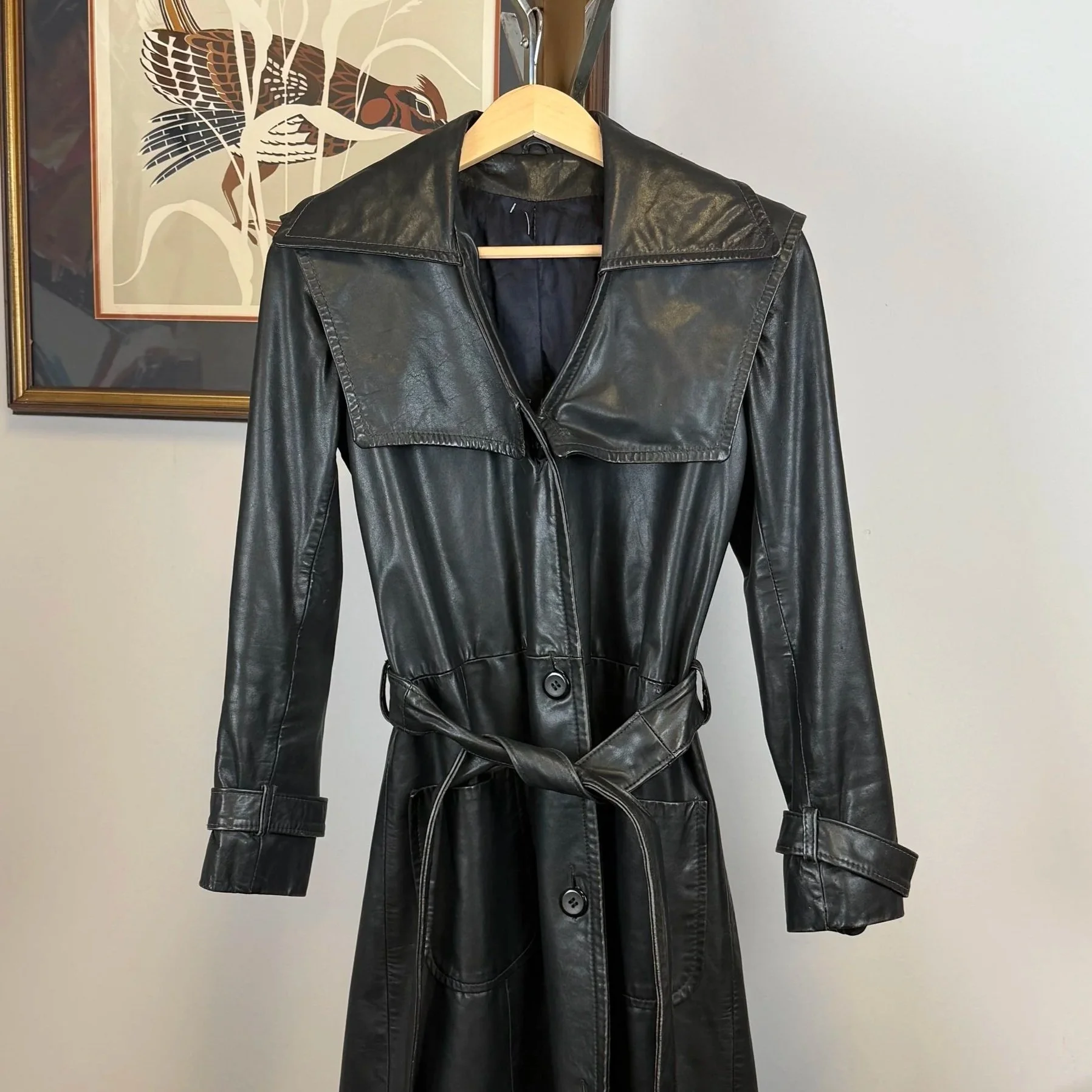70s Vintage Black Leather Coat (S)