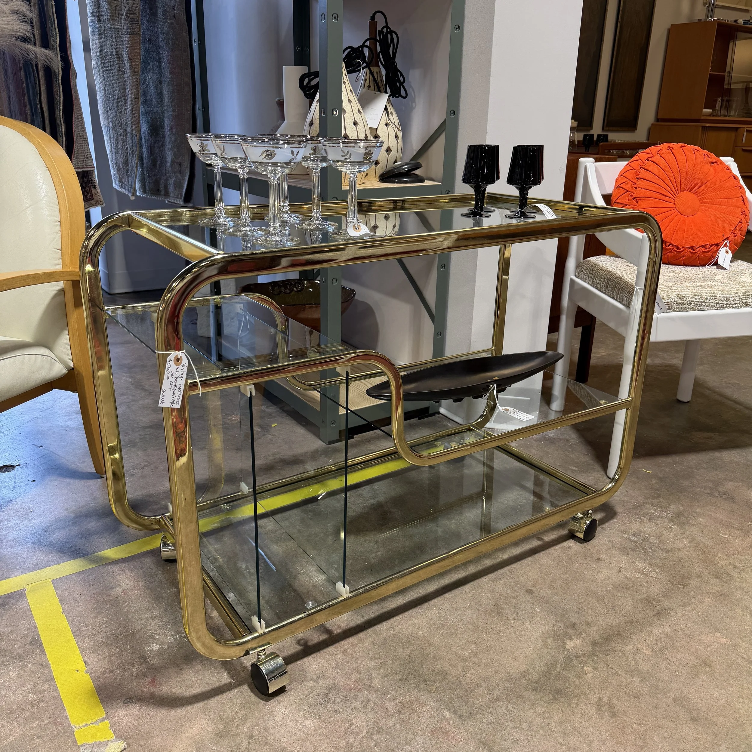 Vintage Milo Baughman–Style Brass & Glass Bar Cart
