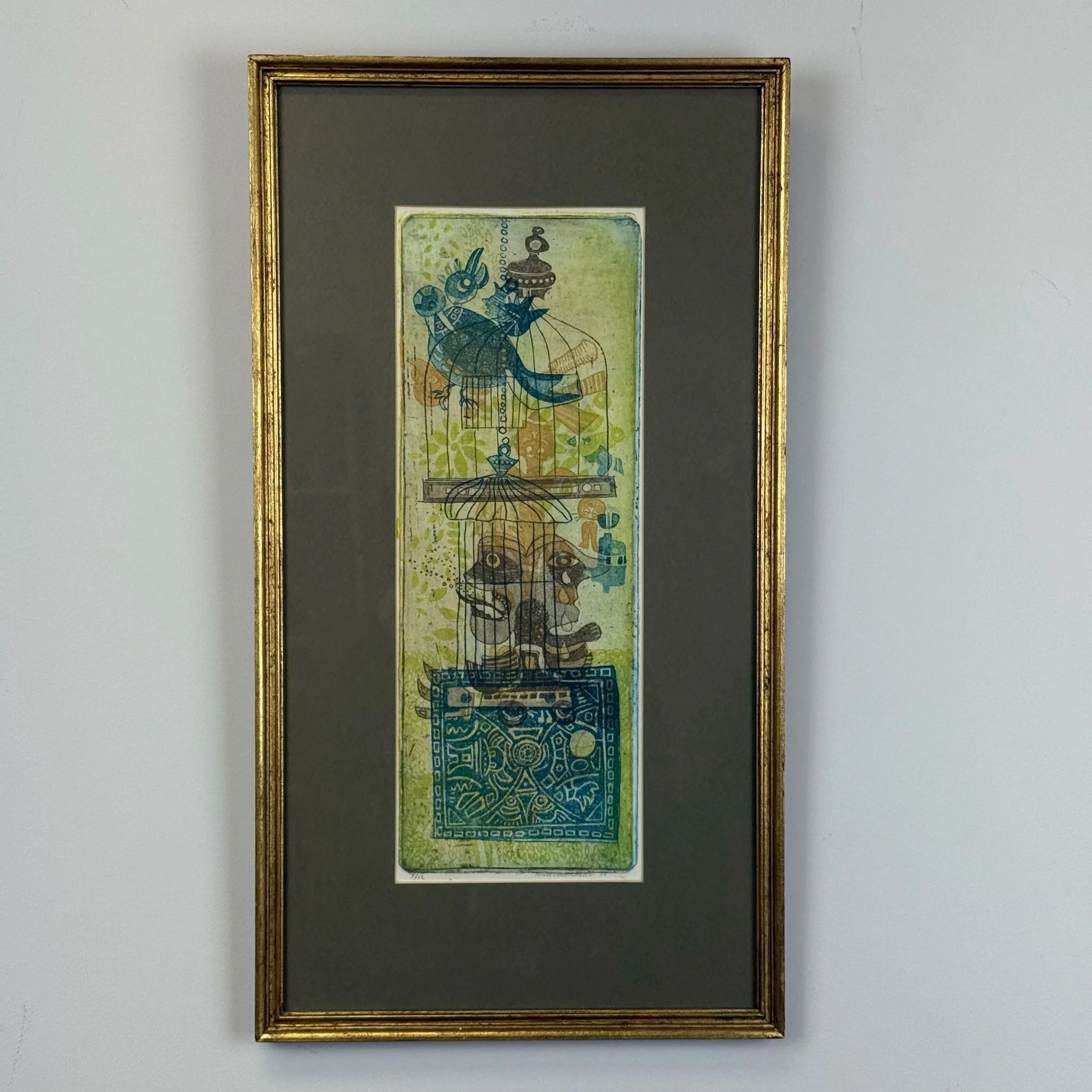 "Bird & Man in Cage" Hand Colored Etching