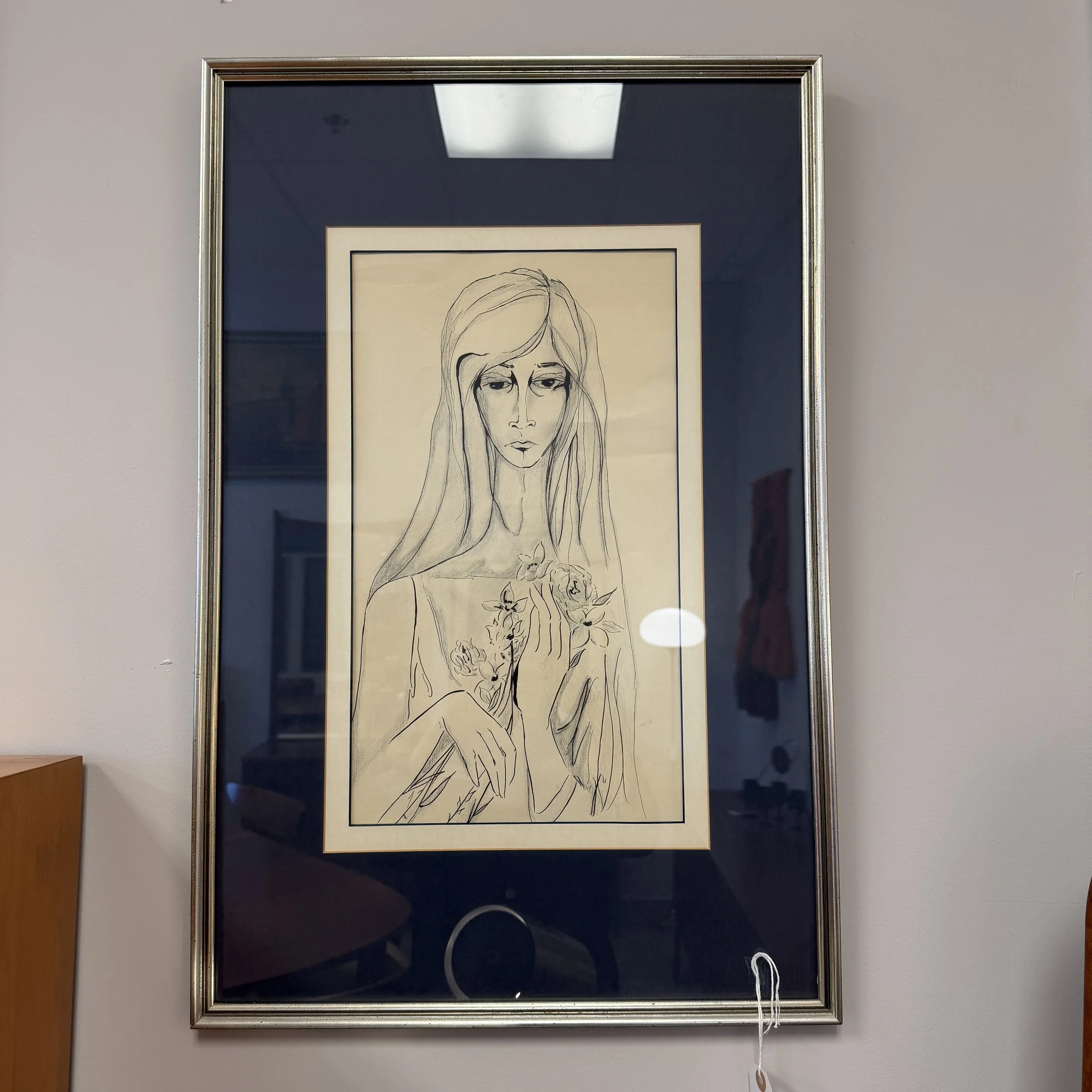 1970s Original Female Portrait Drawing