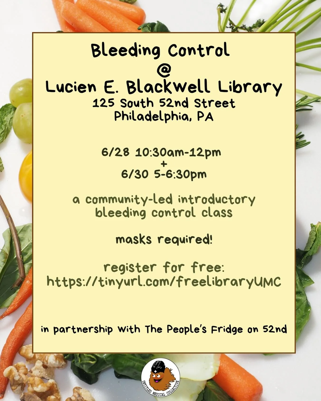 You&rsquo;re invited: Bleeding Control Workshop 🩸Presented by Untitled Medical Collective

Join us for a free, community-led skill-share on how to respond to bleeding. We&rsquo;ll cover:
🔺 Tourniquet application
🖐🏽 Direct pressure
💥 Managing mas