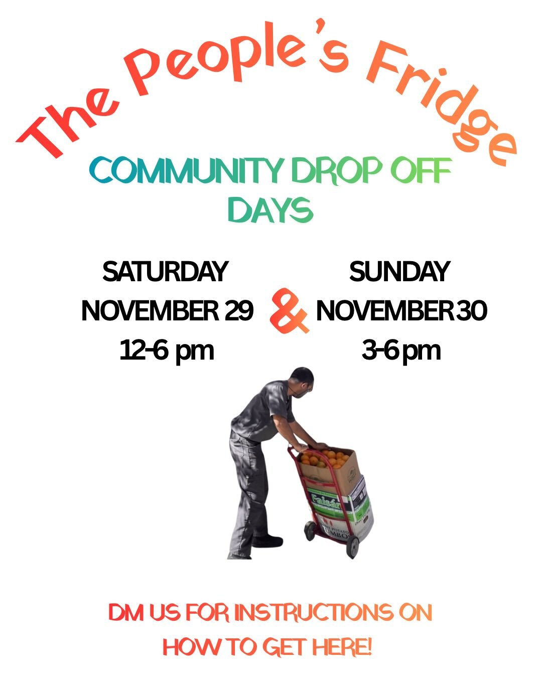 IT&rsquo;S TIME TO FILL OUR SHELVES! Swing by, check out the warehouse, and stock it with food 🍒🍓🍇🍎🍉🍑🍊 we are holding TWO days over the weekend to collect food and show you guys what we&rsquo;ve been up to.

SATURDAY NOVEMBER 29 12-6PM
SUNDAY 