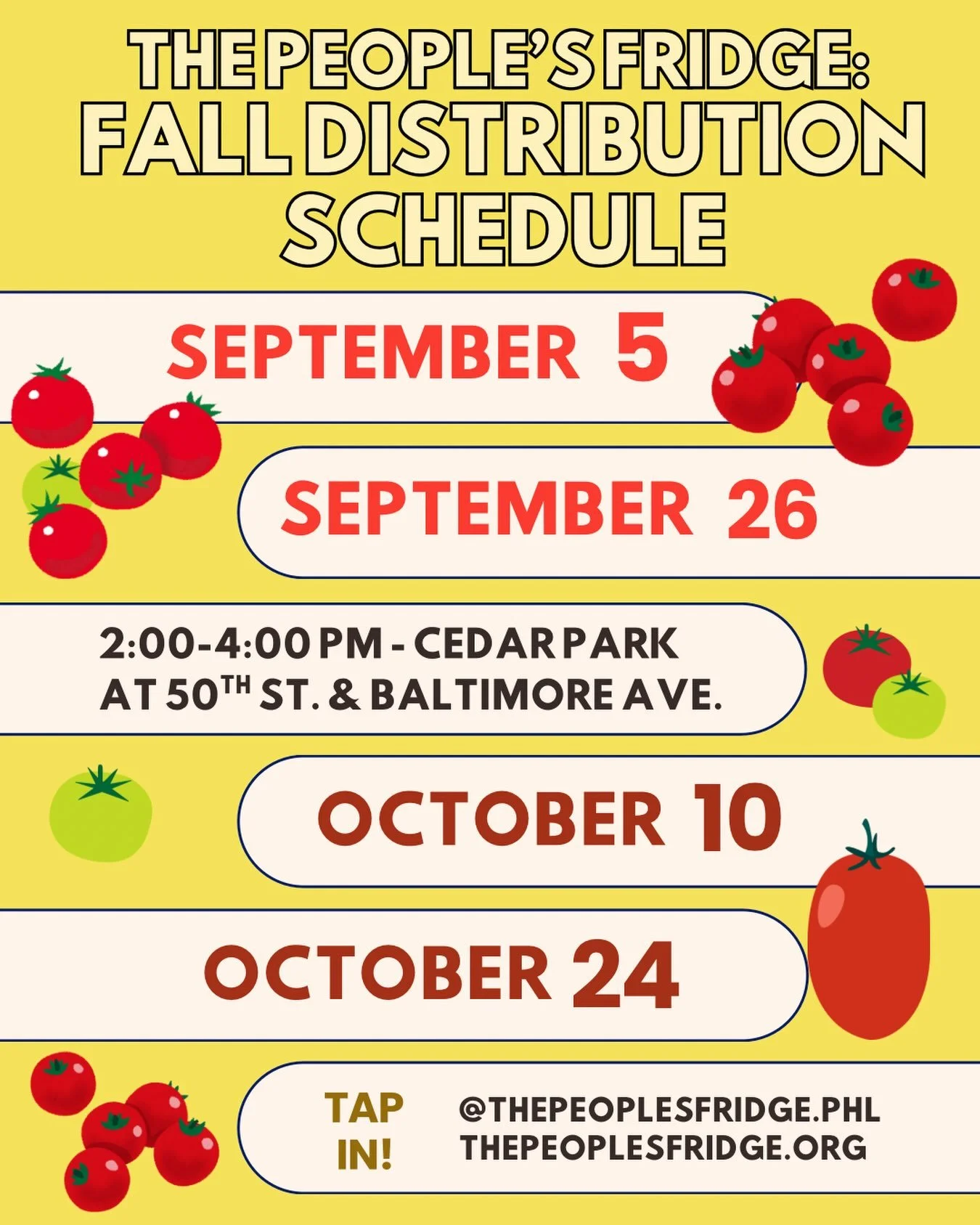 Here are our free grocery distribution dates for the fall! 

Note: we are distributing on *september 5th*, the first Saturday of the week, for this month only due to scheduling. Otherwise, we&rsquo;re going to be at Cedar Park from 2-4 every second a