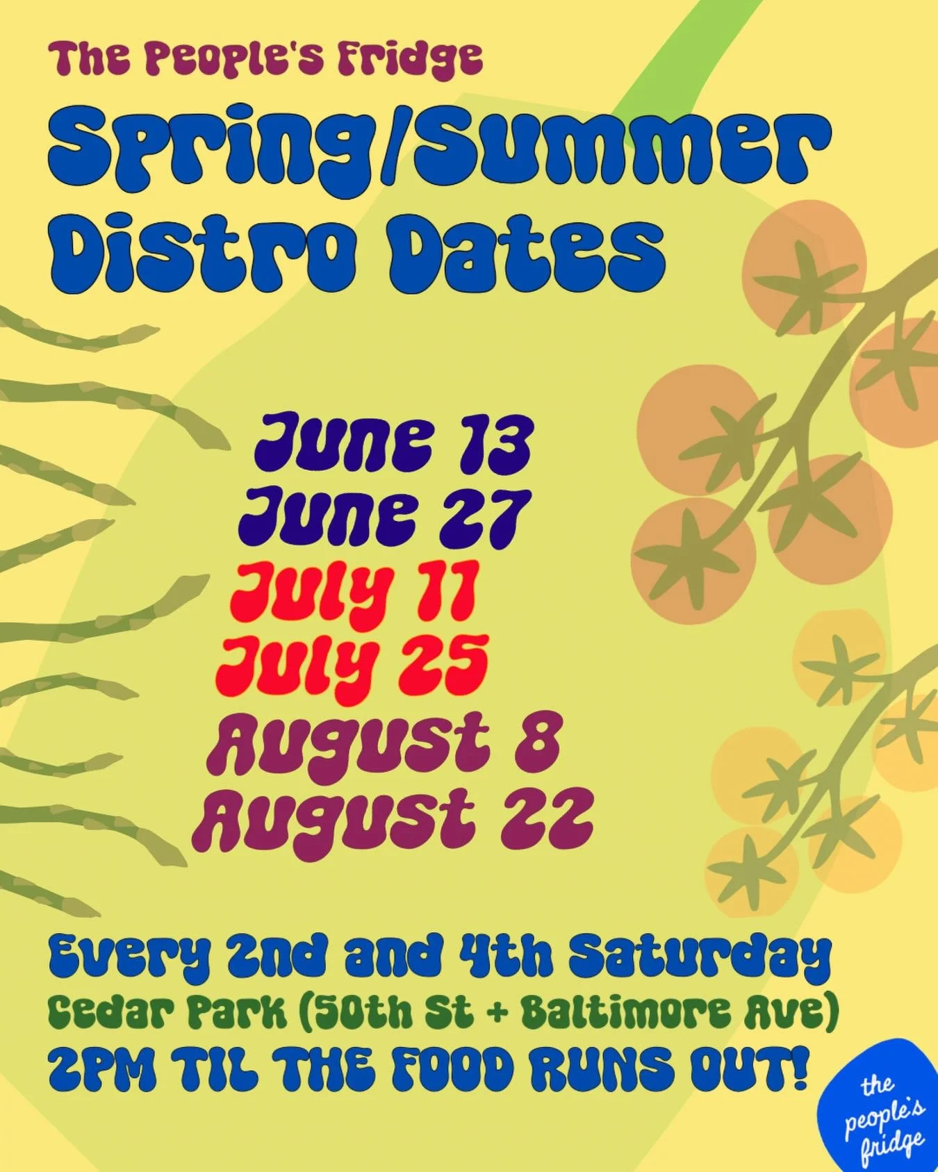 Here&rsquo;s our spring/summer distro schedule! 

Every 2nd and 4th Saturday
at Cedar Park (the corner of 50th and Baltimore Ave)
2PM TIL THE FOOD RUNS OUT!